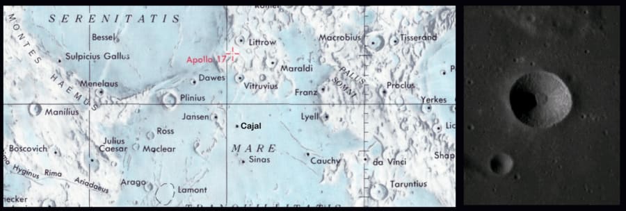 Fig. 1: Izqda: Localización del cráter Cajal en la Luna. Dcha: imagen del cráter obtenida por la cámara LRO (Lunar Reconnaissance Orbiter). Créditos: NASA.