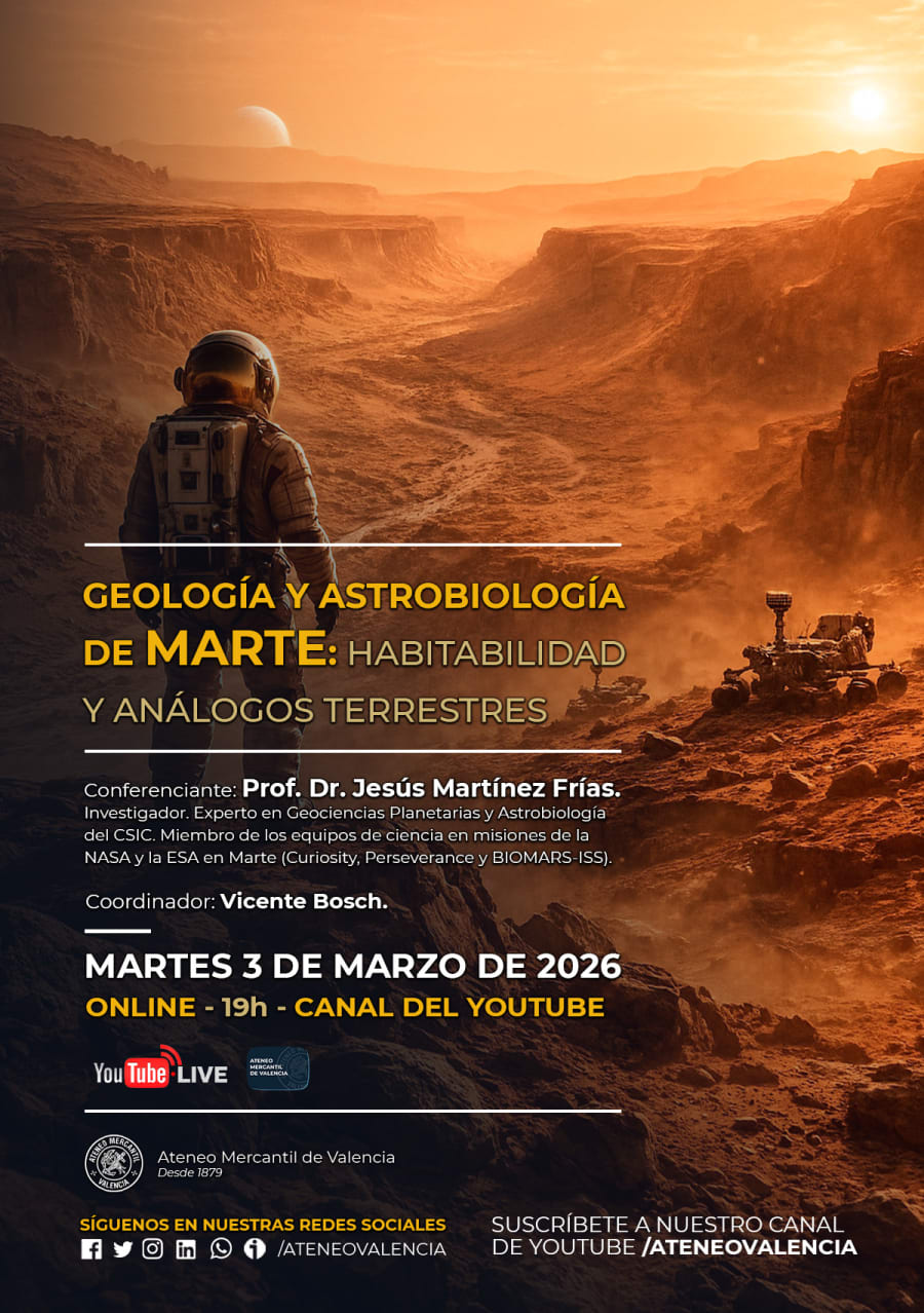Imagen que promociona una conferencia sobre geología y astrobiología de Marte, con un astronauta en un paisaje marciano, y detalles del evento programado para el 3 de marzo de 2026.