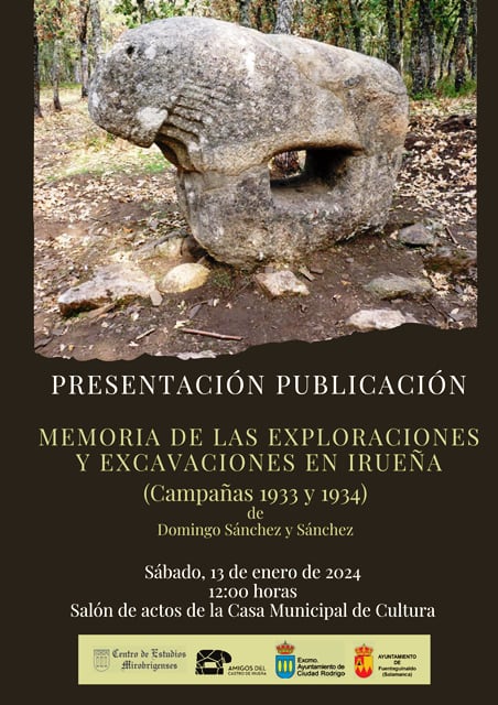 Cartel sobre la presentación de una publicación que detalla las exploraciones y excavaciones en Iruña en 1933 y 1934, con una imagen de una roca tallada.