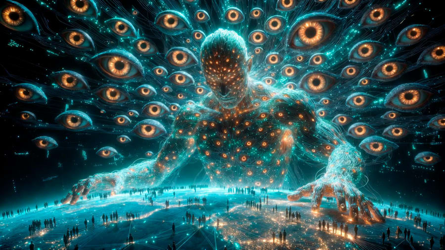 Representación alegórica de Argos Panoptes en la era digital: la vigilancia algorítmica, la extracción masiva de datos y el tejido conectivo del «argocapitalismo».