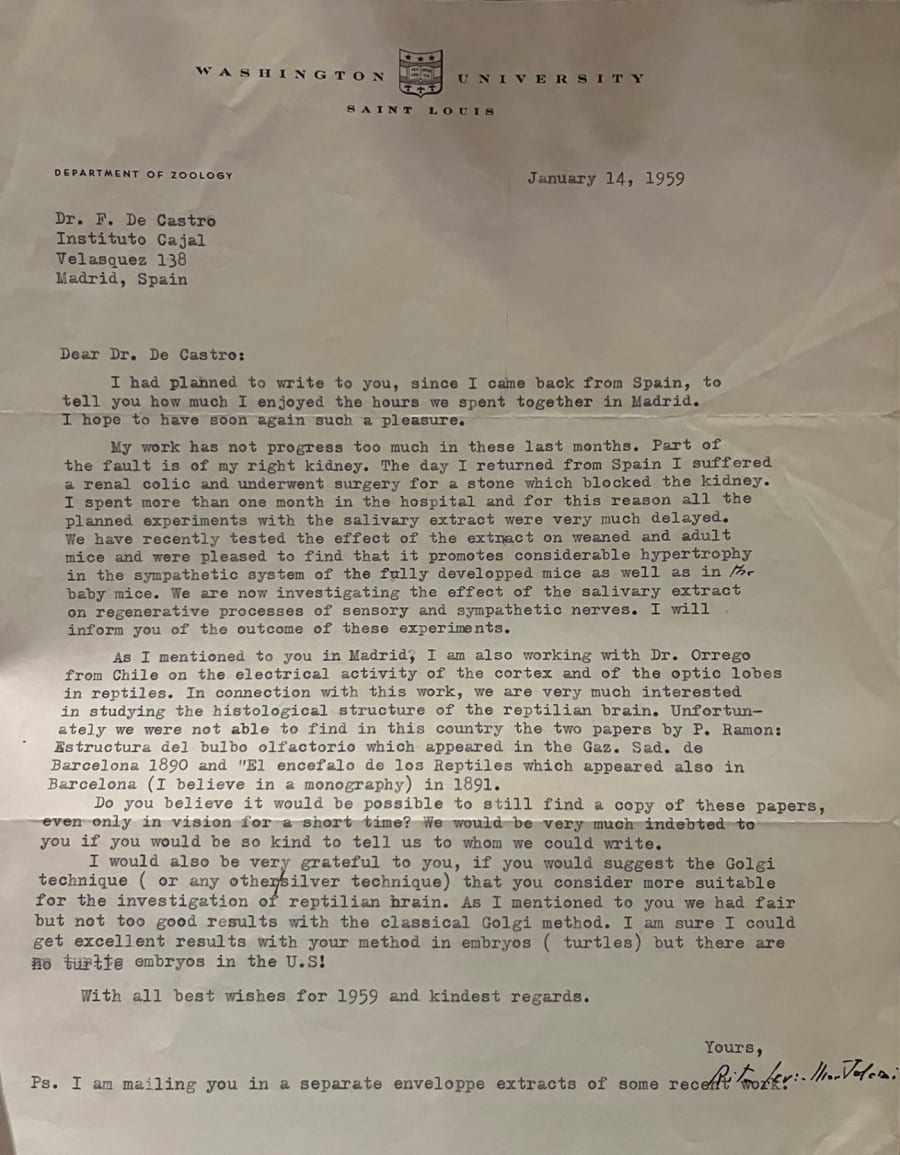 Carta de un investigador de la Universidad de Washington dirigida a Dr. F. De Castro en España, datada el 14 de enero de 1959, hablando sobre avances en su trabajo y salud.