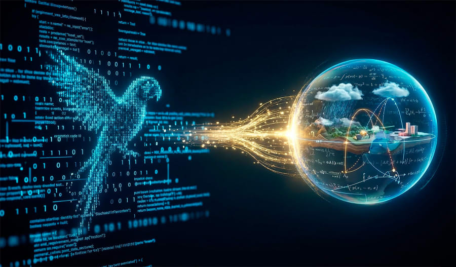Esquema conceptual de la evolución de la Inteligencia Artificial: desde los modelos predictivos de texto (“Loros Estocásticos”) hacia las arquitecturas de simulación causal y física del entorno (“World Models”).