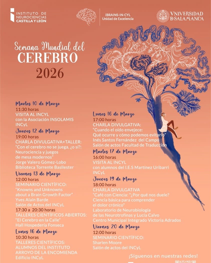 Cartel de la Semana Mundial del Cerebro 2026, presentando actividades y charlas relacionadas con neurociencias organizadas por el Instituto de Neurociencias de Castilla y León y la Universidad de Salamanca.
