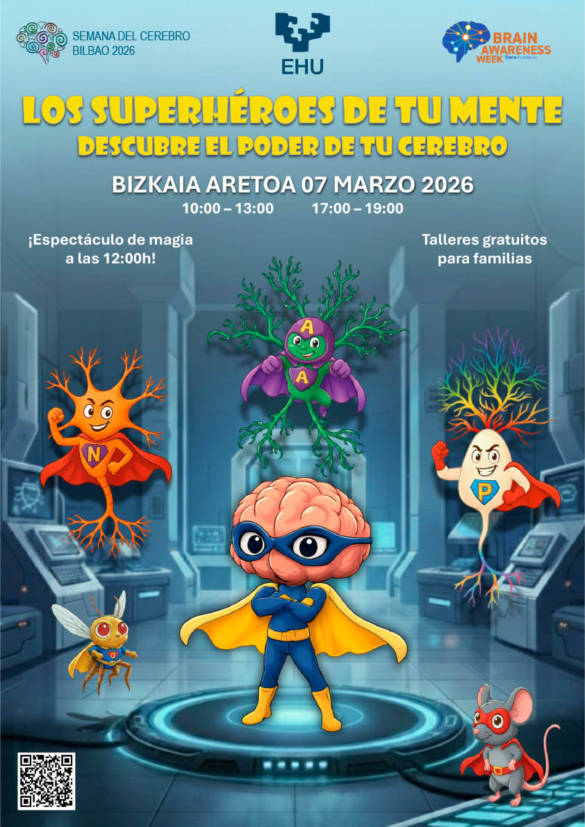 Cartel promocional de la Semana del Cerebro en Bilbao 2026, con personajes ilustrativos de superhéroes que representan el poder del cerebro, como un cerebro con capa y varios neuronas animadas. Incluye información sobre talleres gratuitos para familias y un espectáculo de magia.