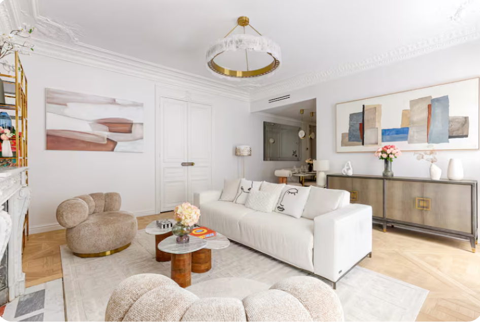 Paris 8th living room with golden pendant