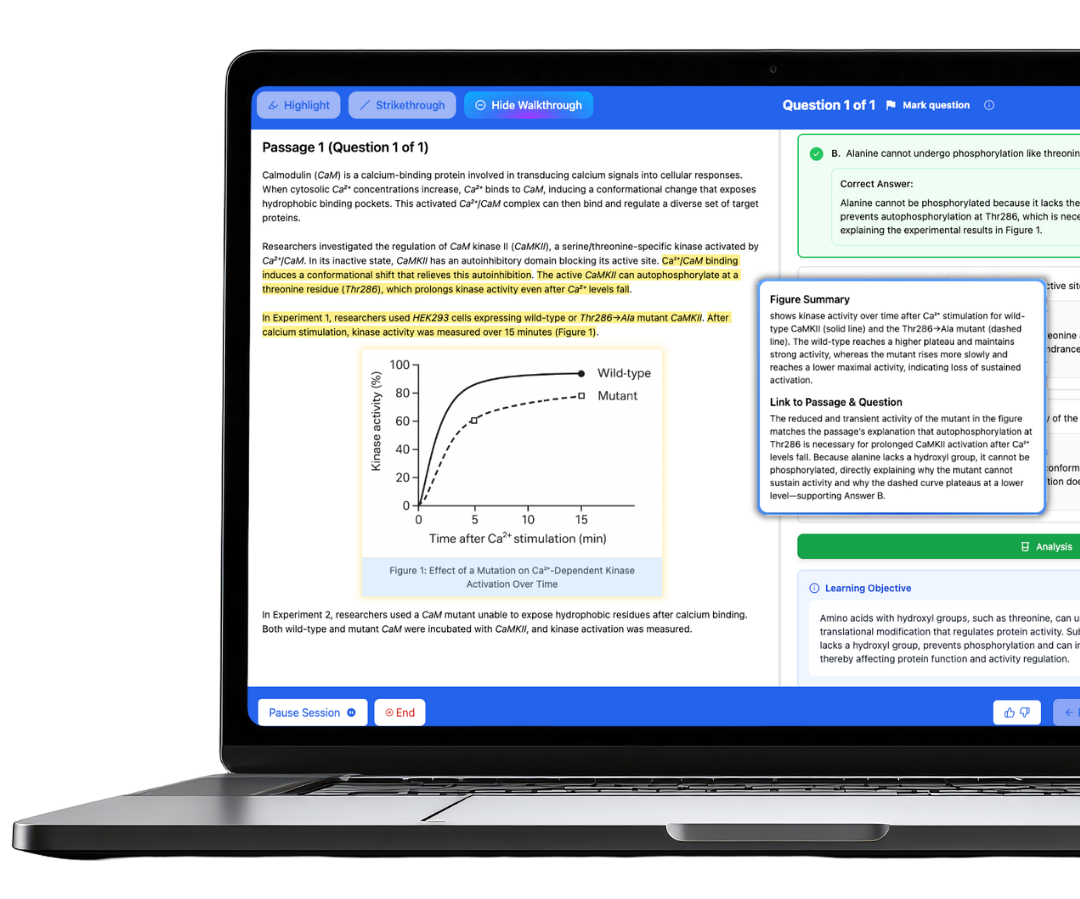 Guru MCAT Qbank on a laptop showing a passage with the Clinical Reasoning Walkthrough panel open