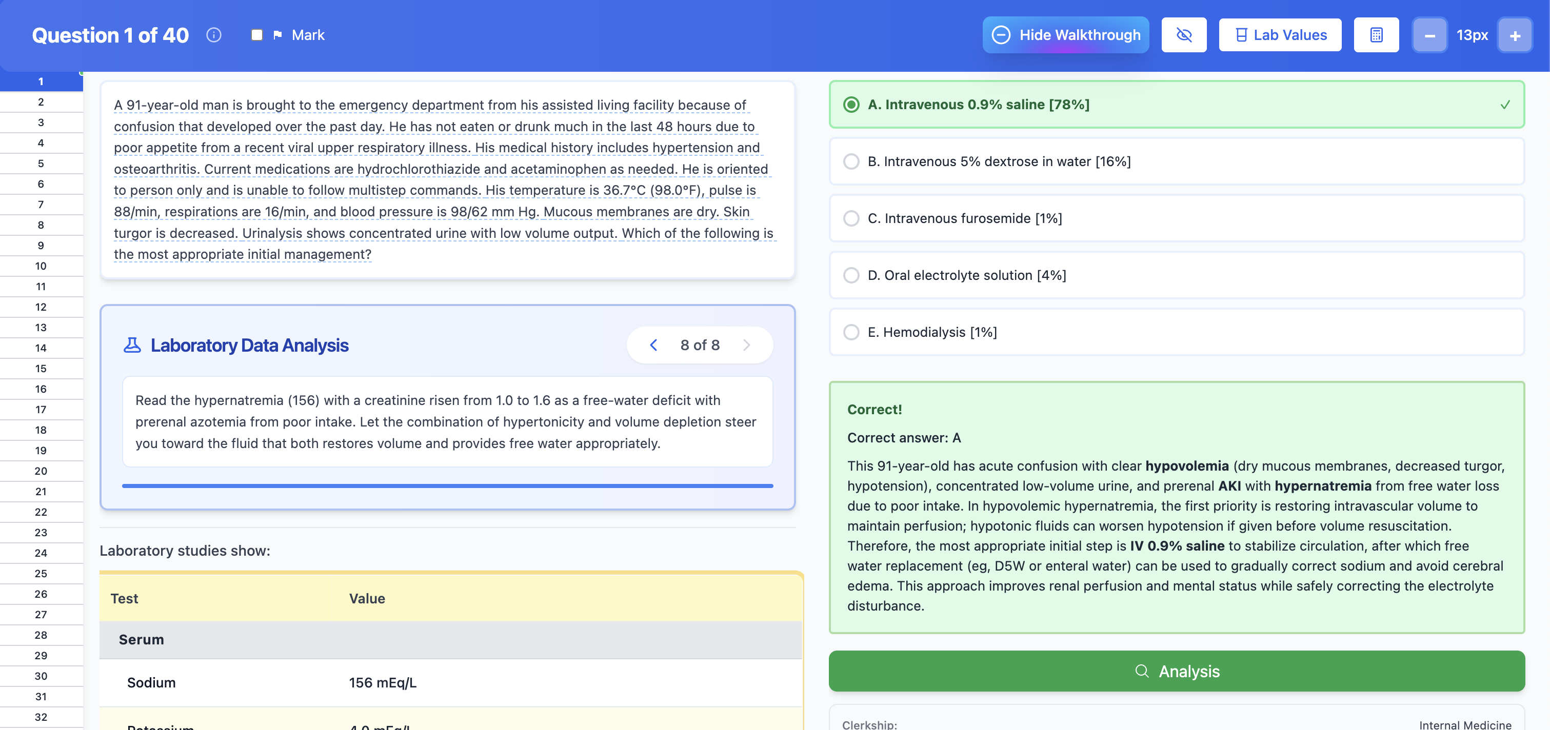 Guru QBank question with the Clinical Reasoning Walkthrough panel open