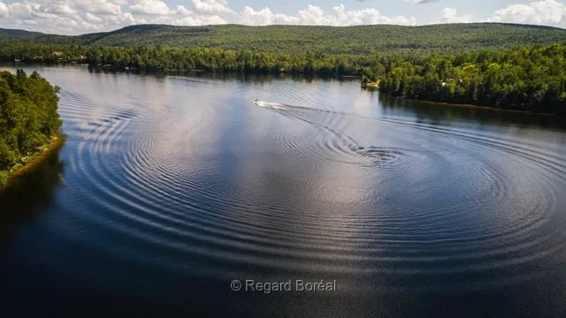Drone. Rivière. Bateau. Forêt. Calme. Laurentides. Région du Québec - Regard Boréal