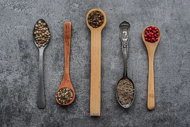 Cuillères. Épices. Saveurs. Ingrédients. Arômes. Alimentation - Regard Boréal