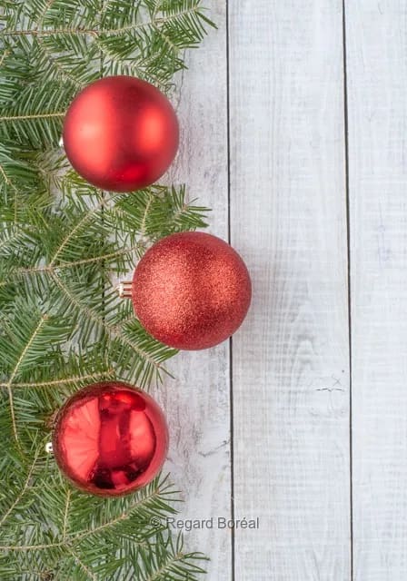 Boulles de Noël. Décoration. Décembre. Joyeux Noël. Branches de sapins - Regard Boréal