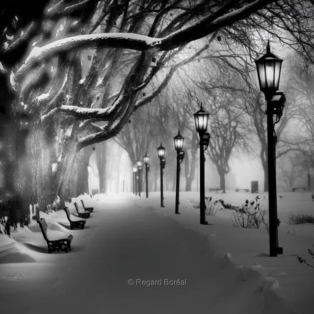 Paysage du Québec. Noir et banc. Arbres. Minimalisme. Neige. Hiver au Québec. Forêt. Plaines d'Abraham. Scène hivernale. Tempête. Monochrome. Décembre - Regard Boréal