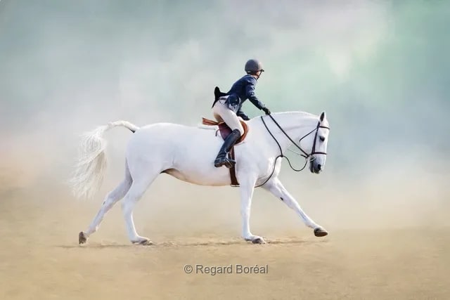Cheval blanc. Concours hippique. Équestre. Cavalière. Équitation. Animal. Élevage. Galop. Jument. Crinière tressée. Sport - Regard Boréal