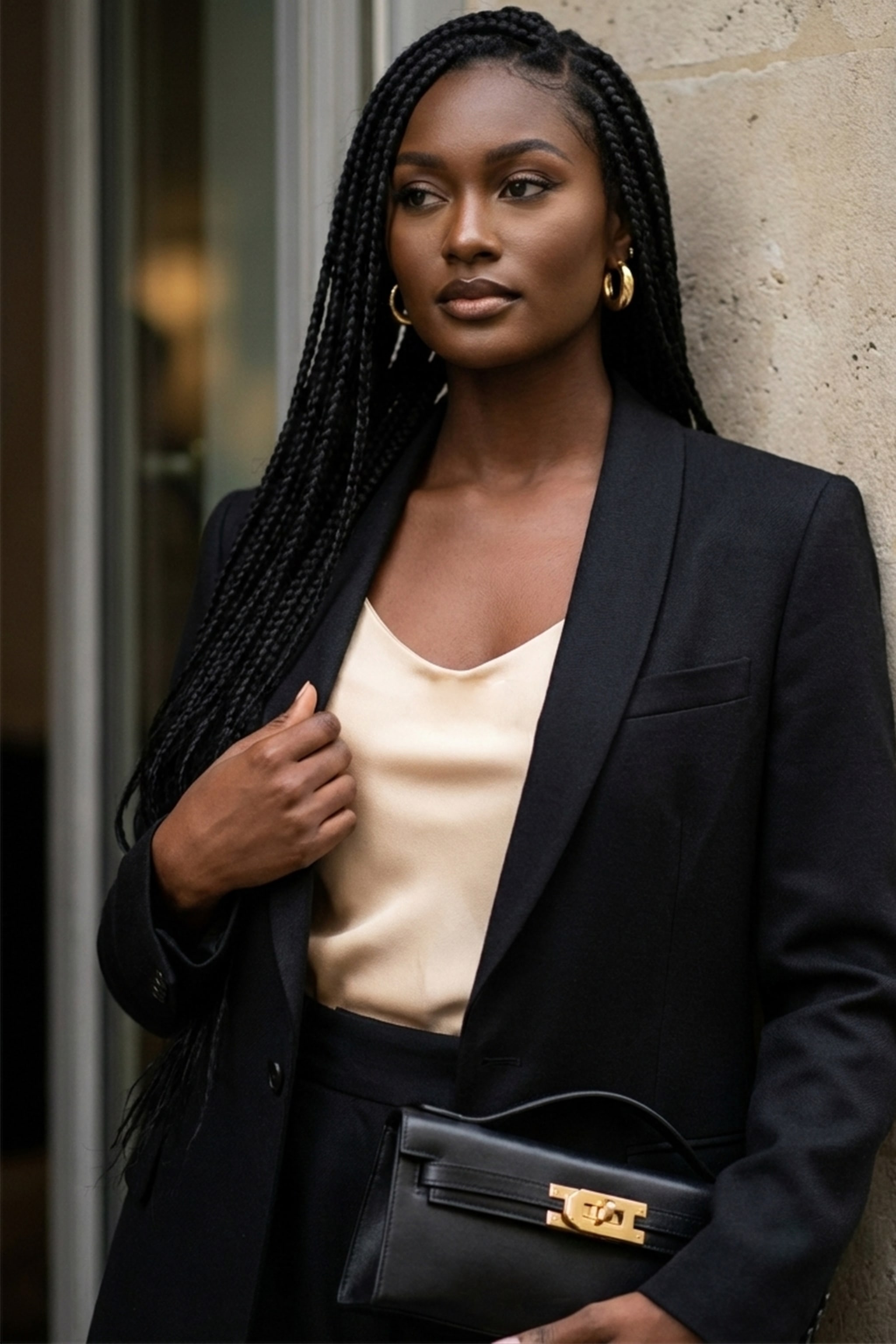 Close up of satin camisole texture and black blazer lapel. Left