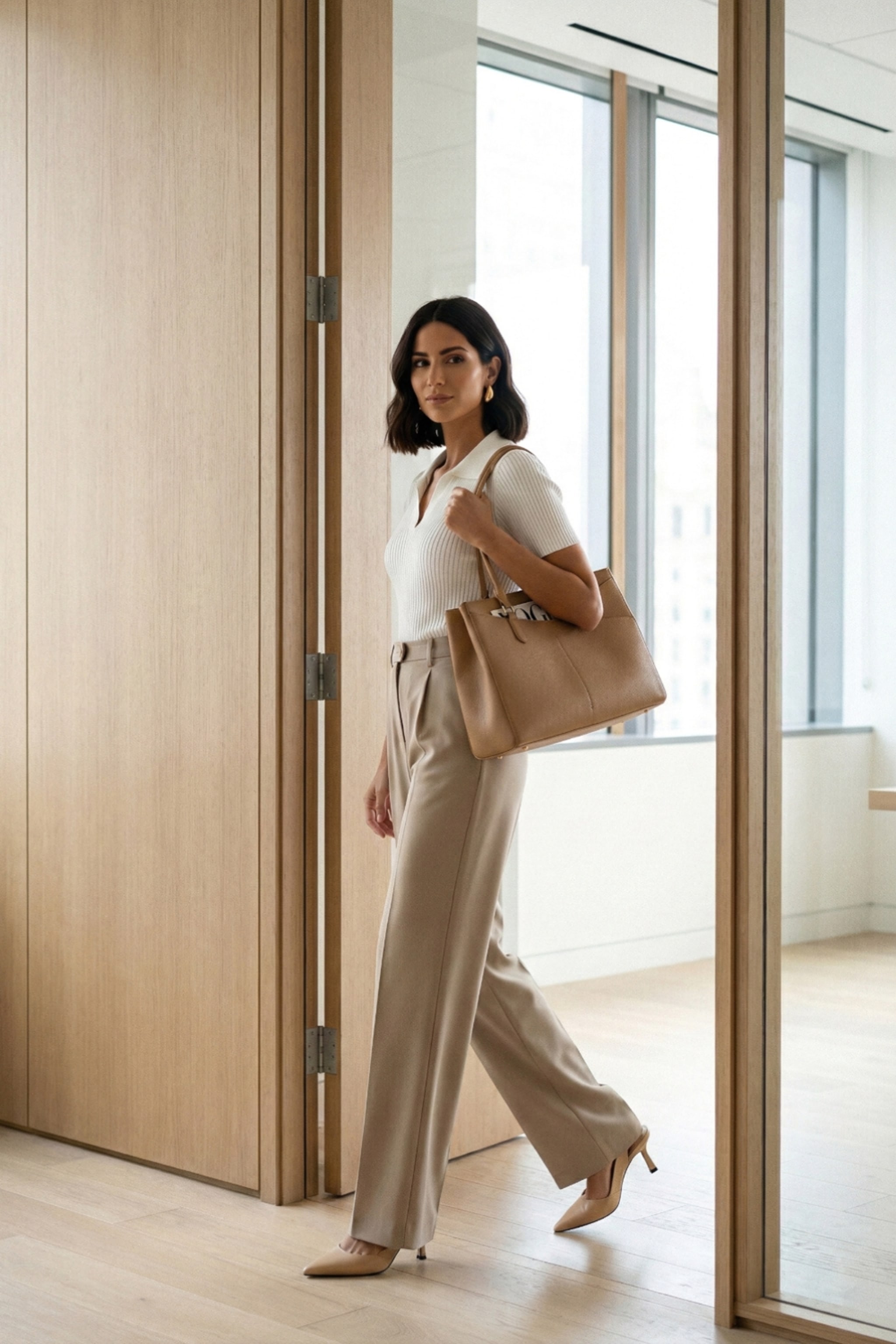 Close up of structured apricot bag texture vs slingback heel detail. Right