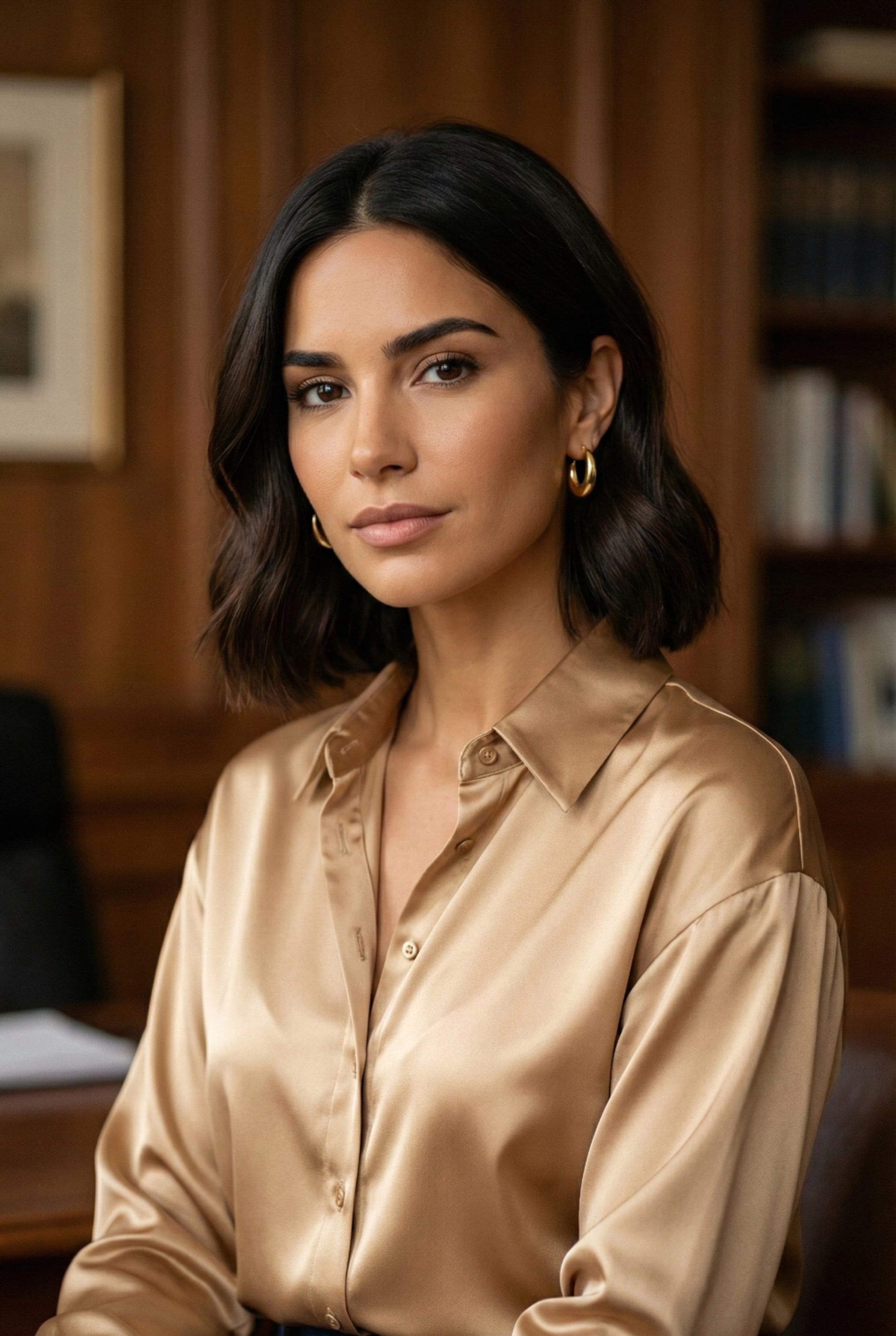 Close up of model wearing caramel satin blouse next to flatlay of tobacco ruched blazer. Left