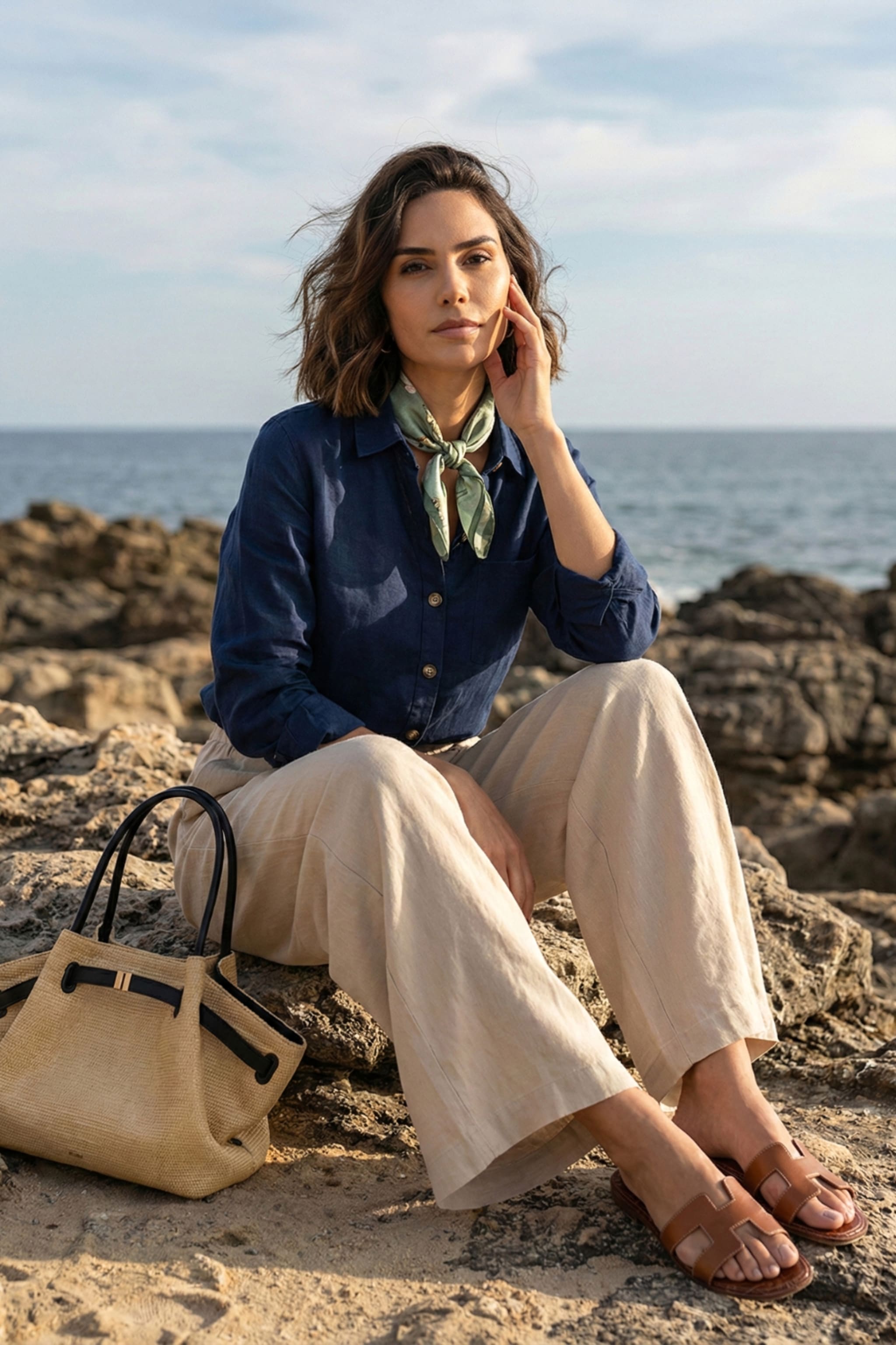 Close up of a woman sitting on rocks by the sea, next to a close up of a sage silk scarf tied around her neck. Left