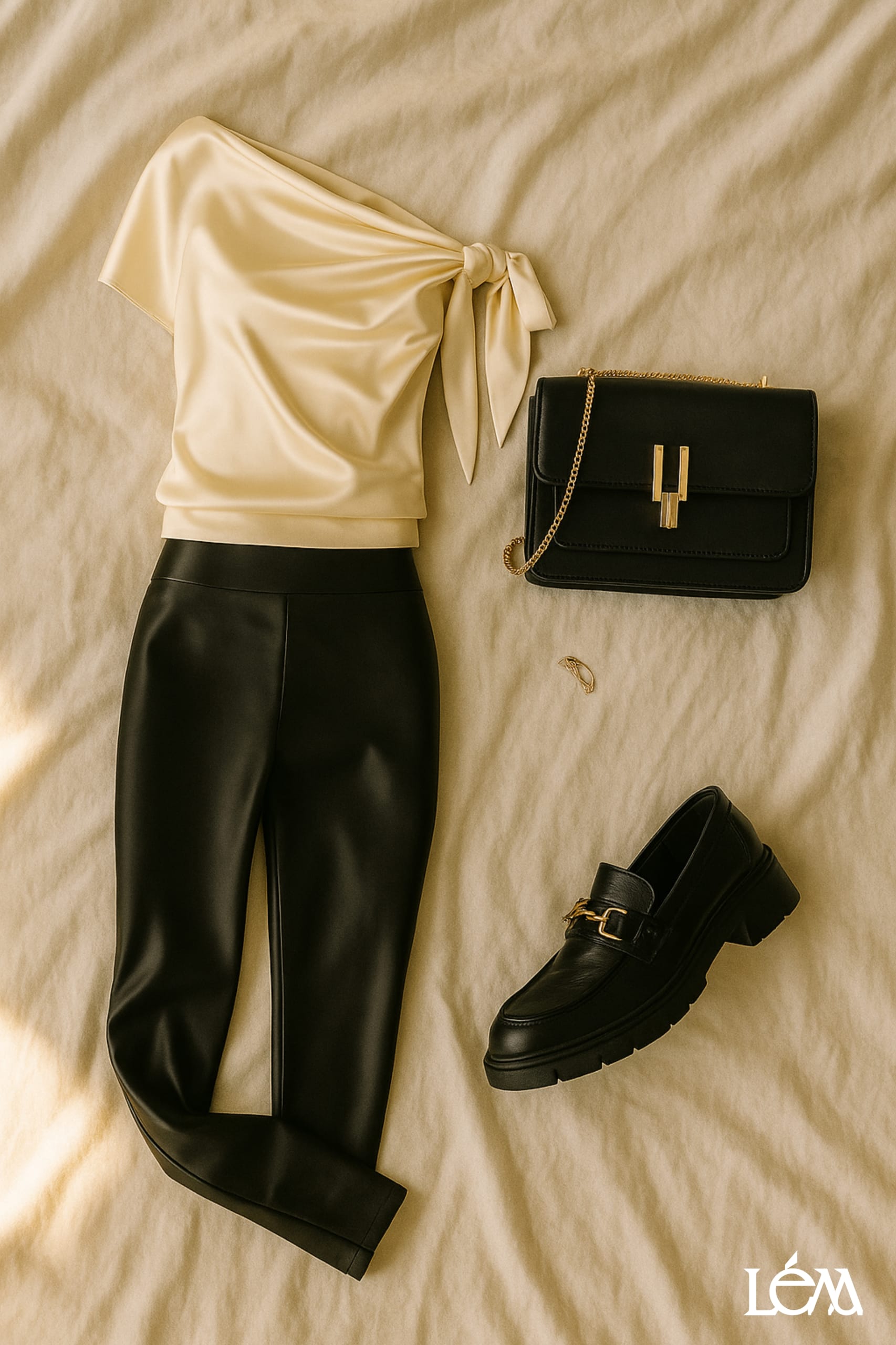 Woman in champagne silk one-shoulder top with faux leather leggings on Parisian street at dusk