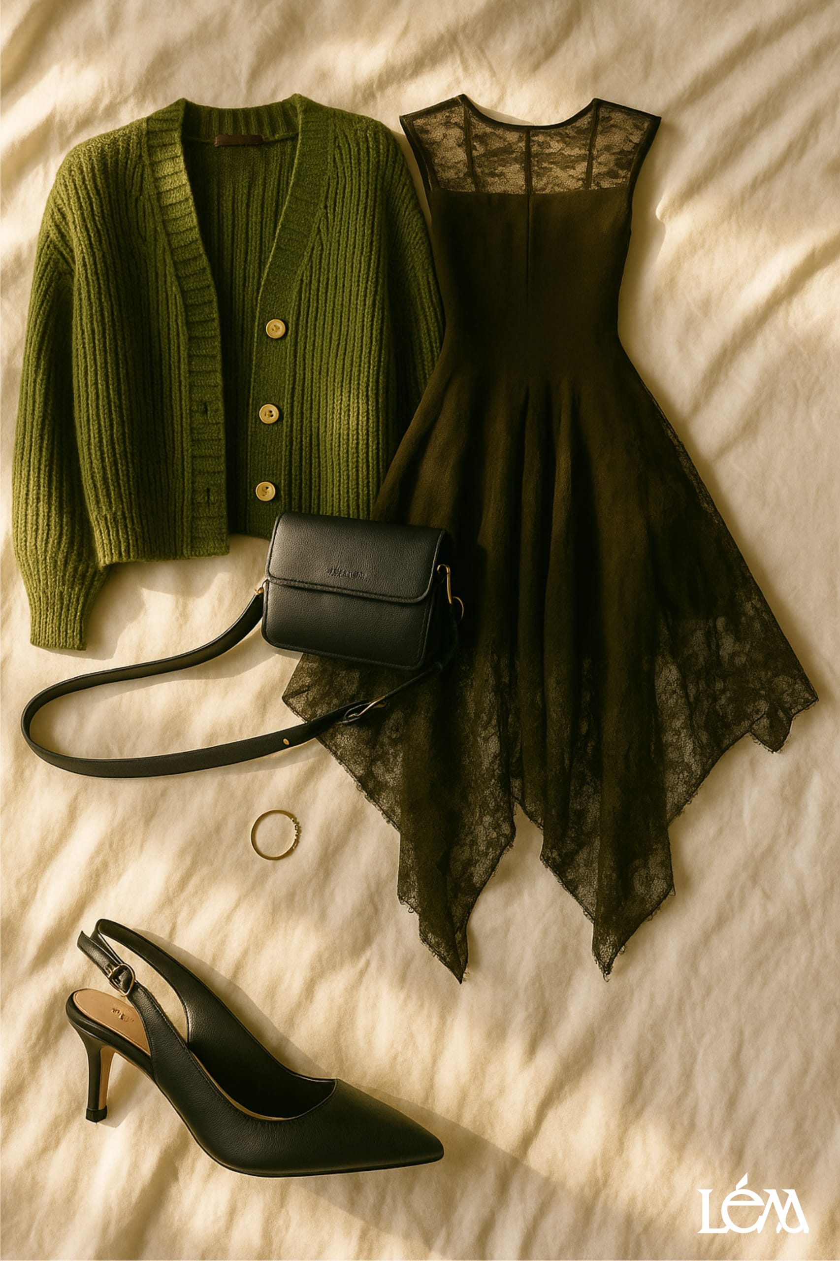 Woman in chunky green cardigan over lace dress with kitten heels