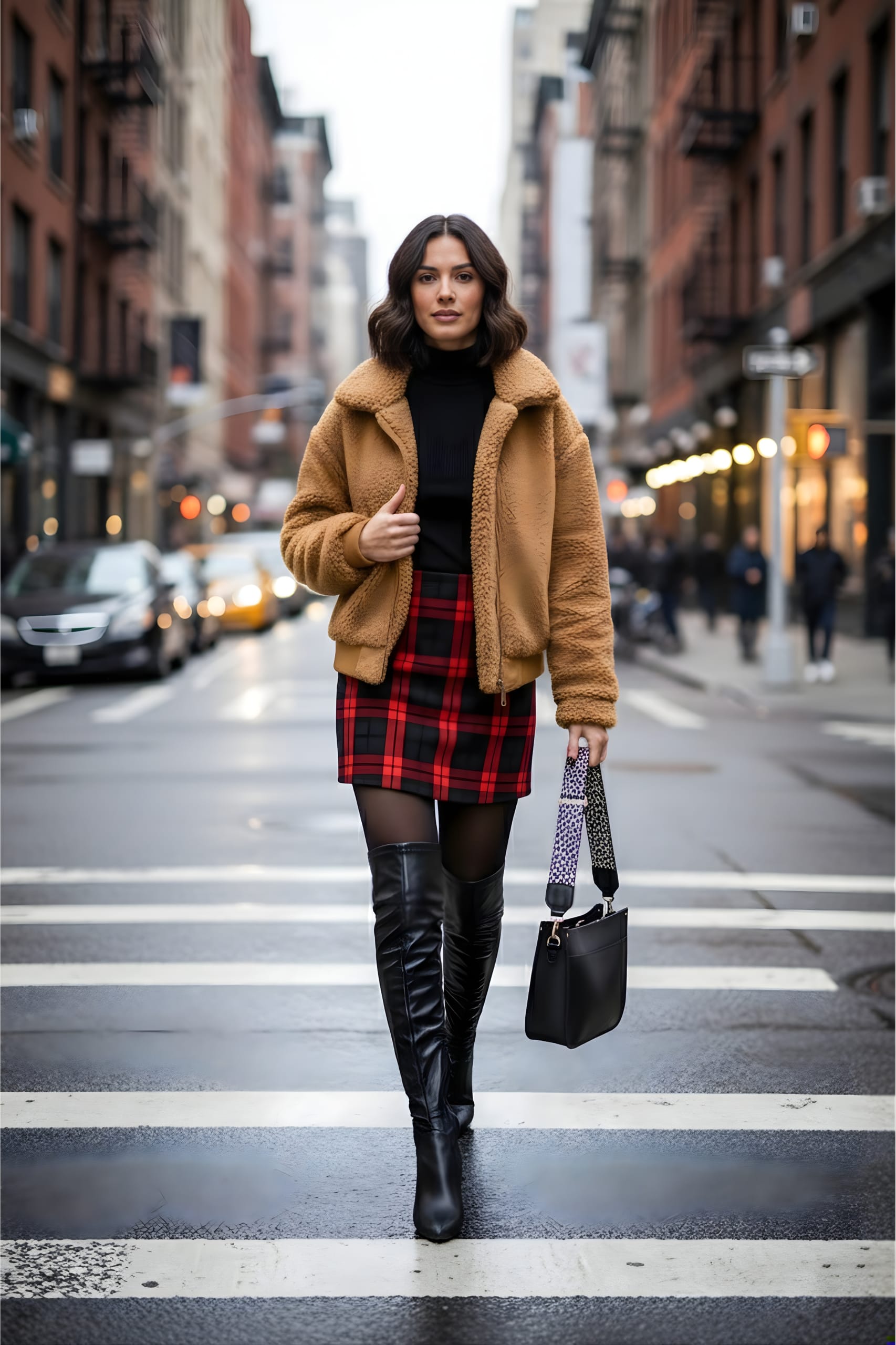 Woman in camel teddy coat over black turtleneck and red plaid skirt with over-the-knee boots crossing Parisian street