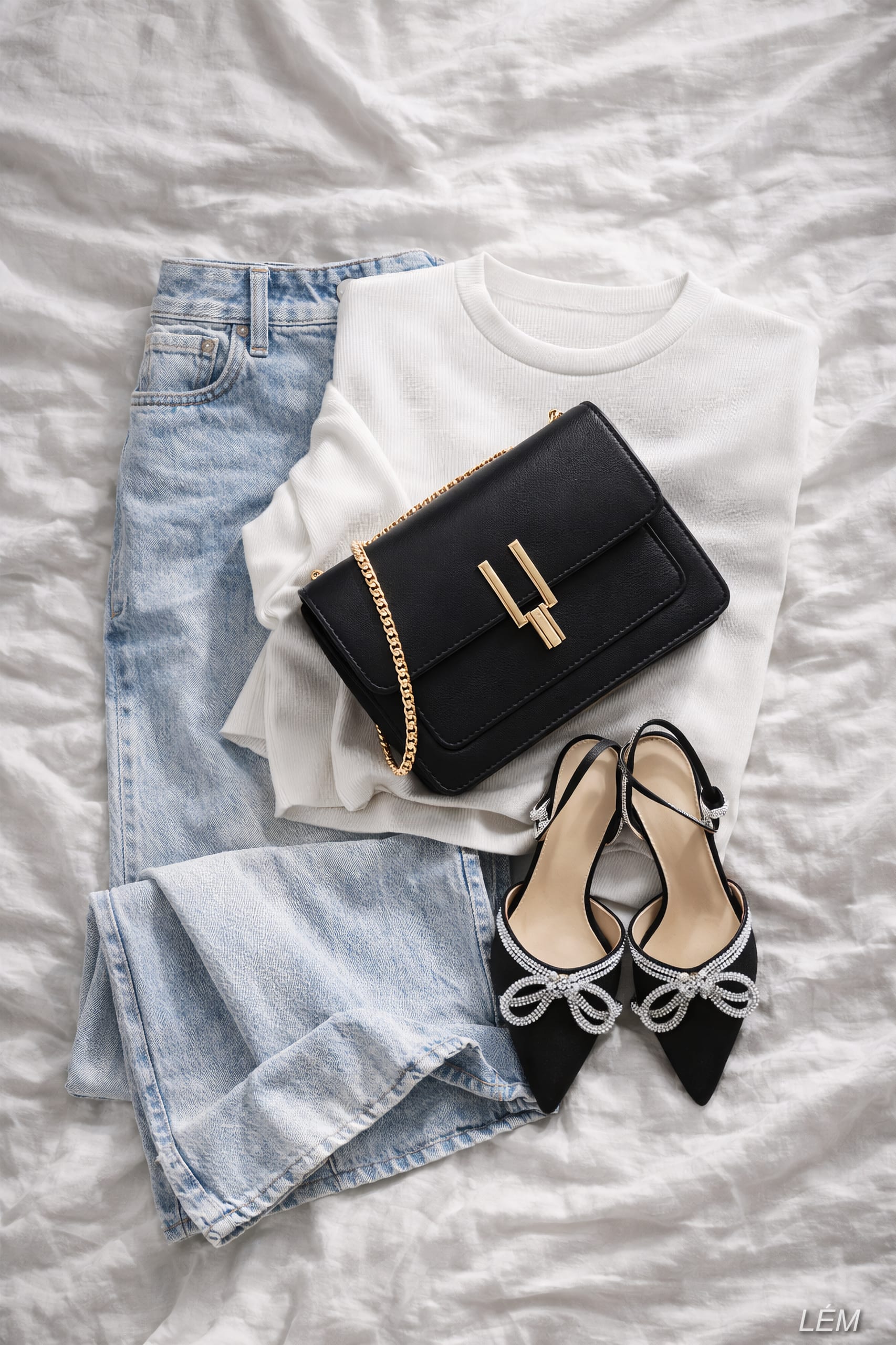 Fashion collage featuring light wash jeans, white long sleeve top, black bag, and rhinestone heels.