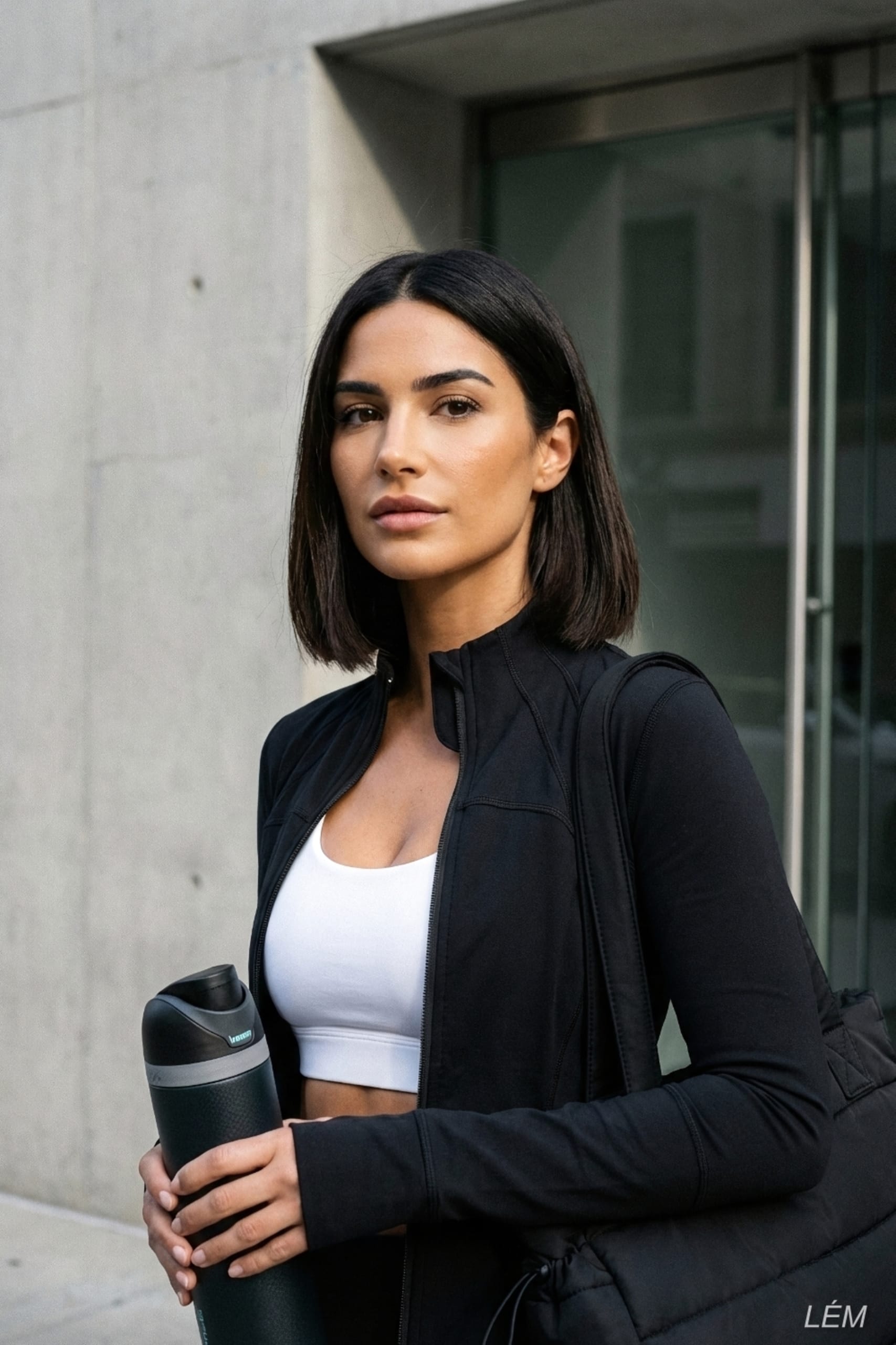 Close up of Owala water bottle and waist defining jacket details