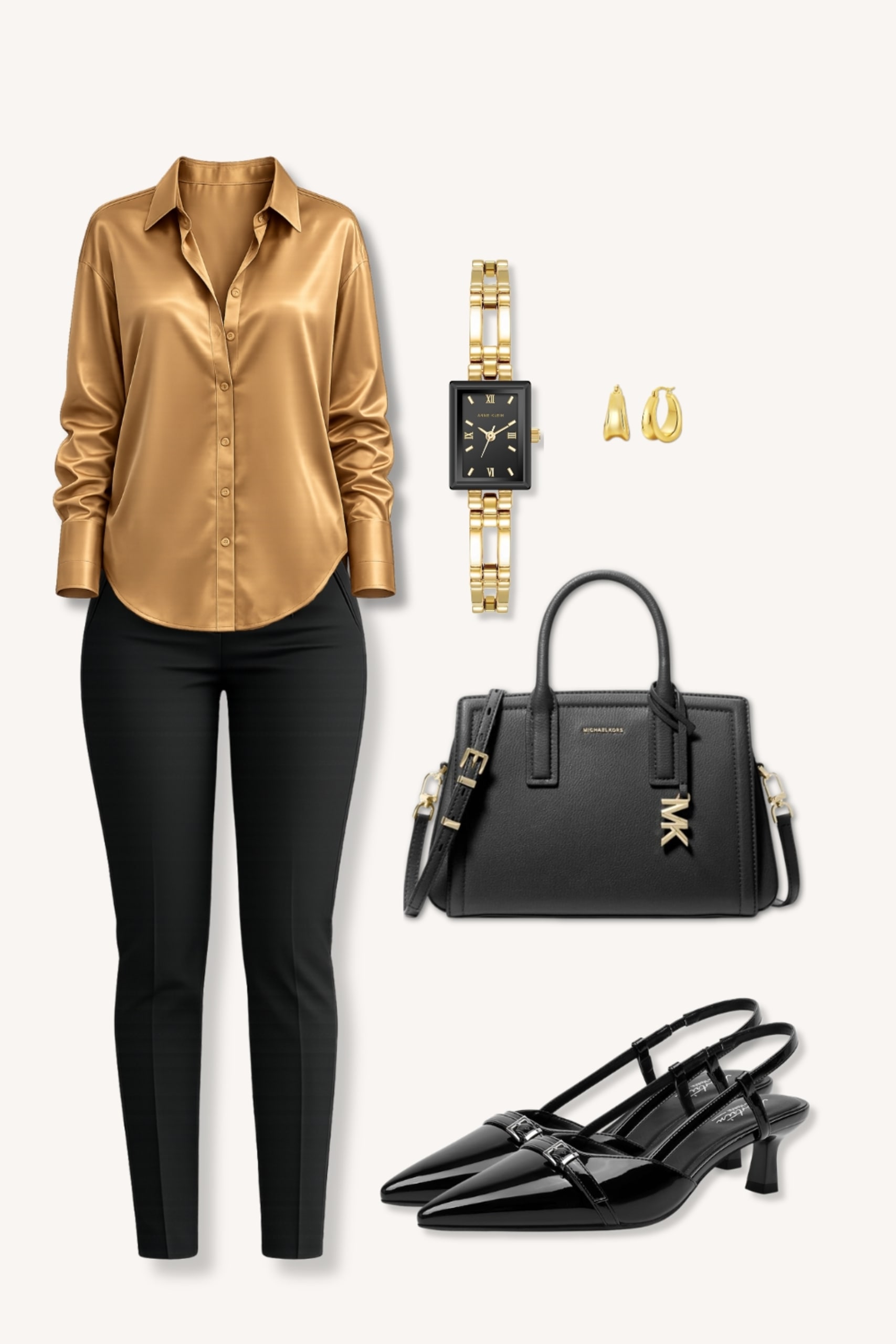 Silk coffee-colored blouse tucked into black slim ankle trousers with a structured black satchel and gold watch.