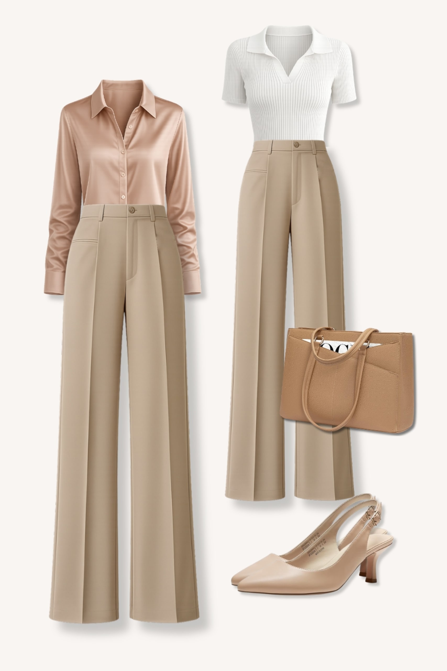 Five piece soft corporate capsule wardrobe flatlay featuring wide-leg trousers, silk blouse, ribbed knit top, structured tote and slingback heels.