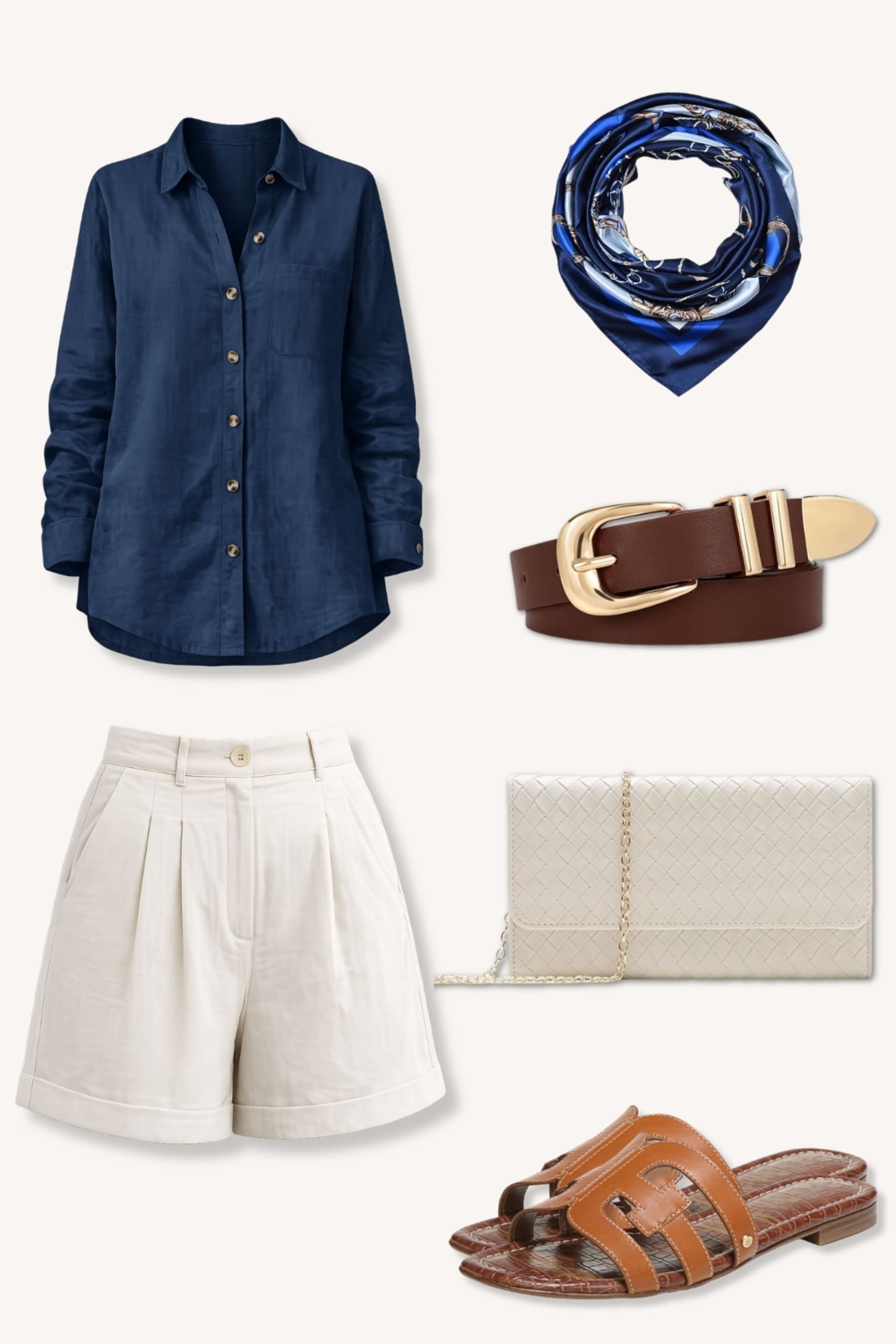 European city walk outfit flatlay featuring navy linen shirt, apricot linen shorts, espresso leather belt with gold buckle, Sam Edelman cognac flat sandals and beige crossbody bag.