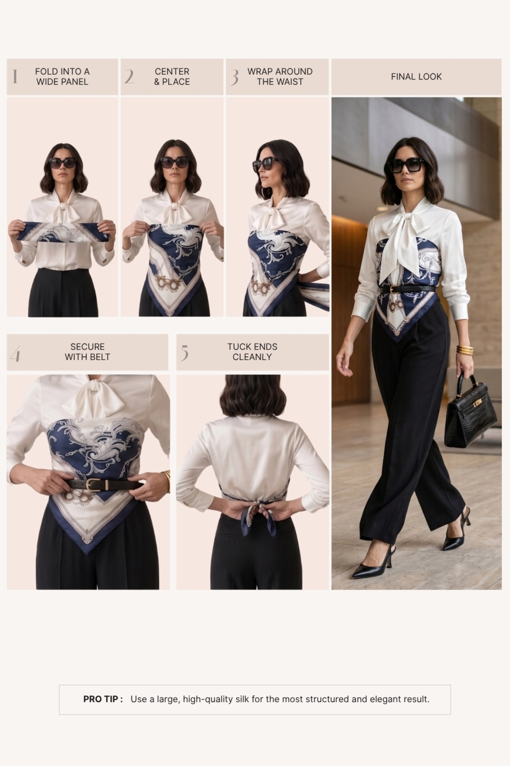 Step-by-step scarf corset tying tutorial showing how to fold a navy silk scarf into a wide panel, center it over a white bow-tie blouse, wrap it smoothly around the waist, secure it with a slim black belt, and tuck the ends cleanly for a structured waist layer.