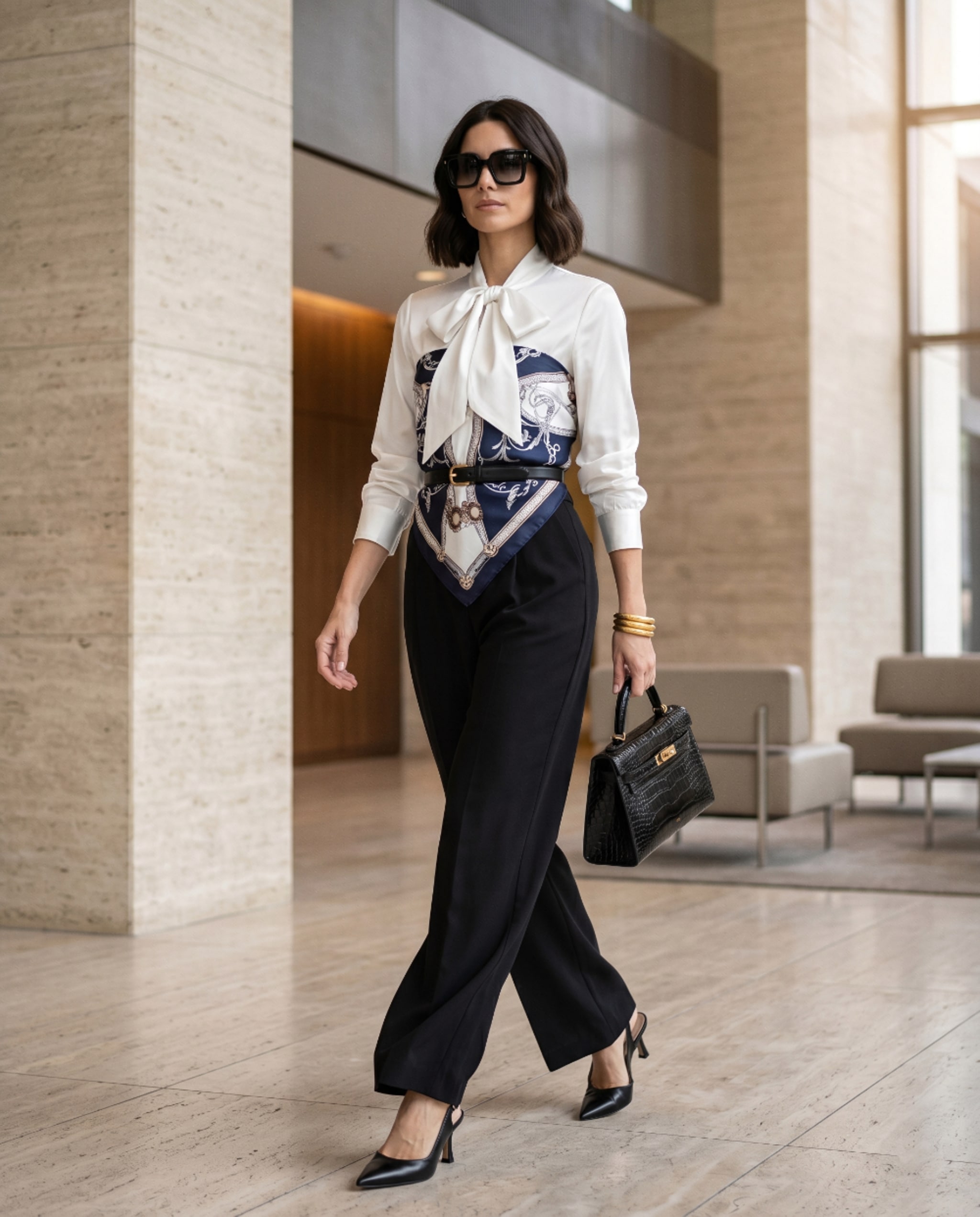Woman walking through a refined stone lobby wearing a white bow-tie blouse, navy printed silk scarf styled as a belted corset waist panel, black wide-leg trousers, black pointed kitten heel slingbacks, oversized sunglasses, gold bangles and a structured black top-handle bag.