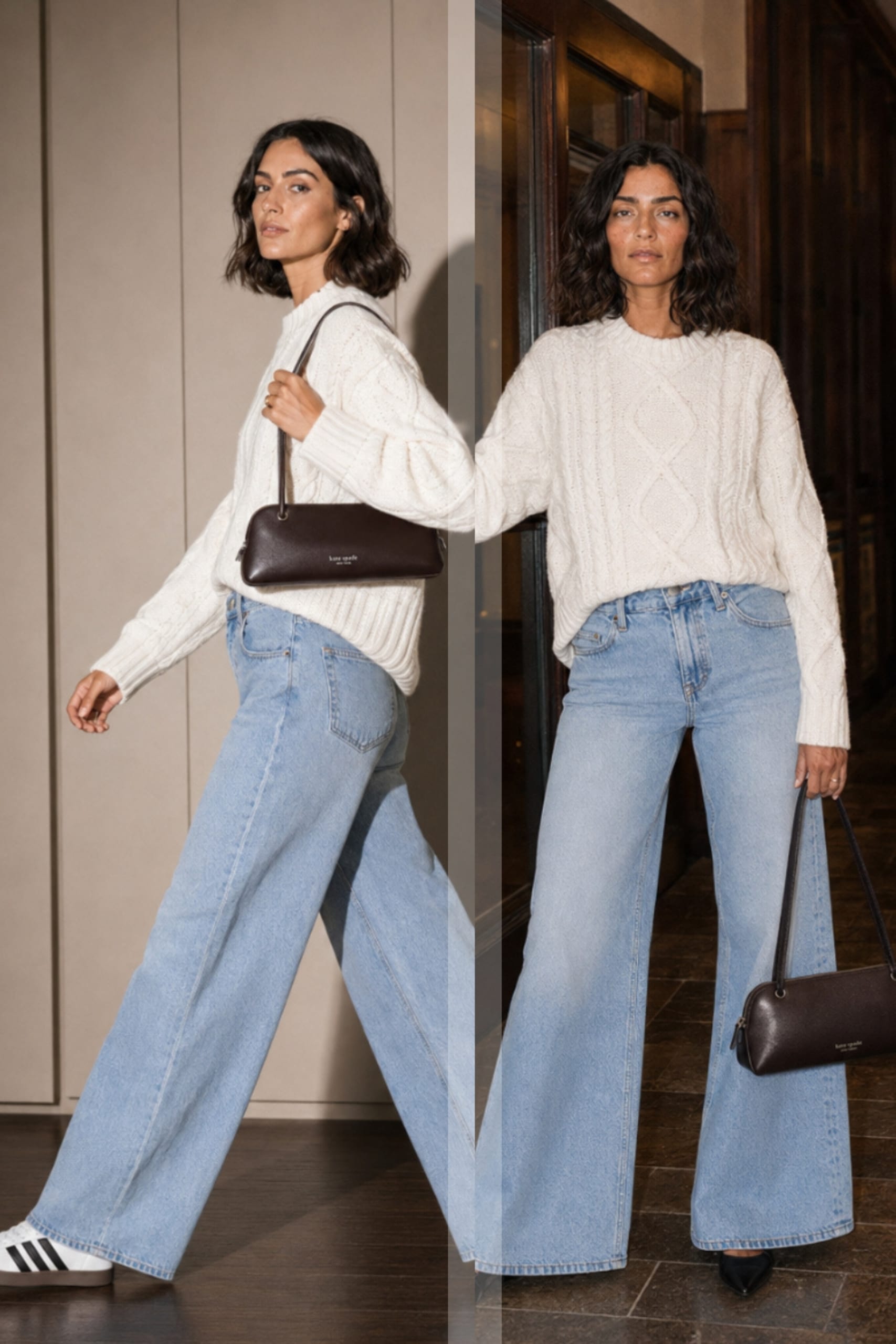 Split editorial showing a white cable knit sweater with light-wash wide-leg jeans styled two ways: with white Adidas sneakers for an off-duty look and black pointed slingback flats with a chocolate shoulder bag for a polished look.