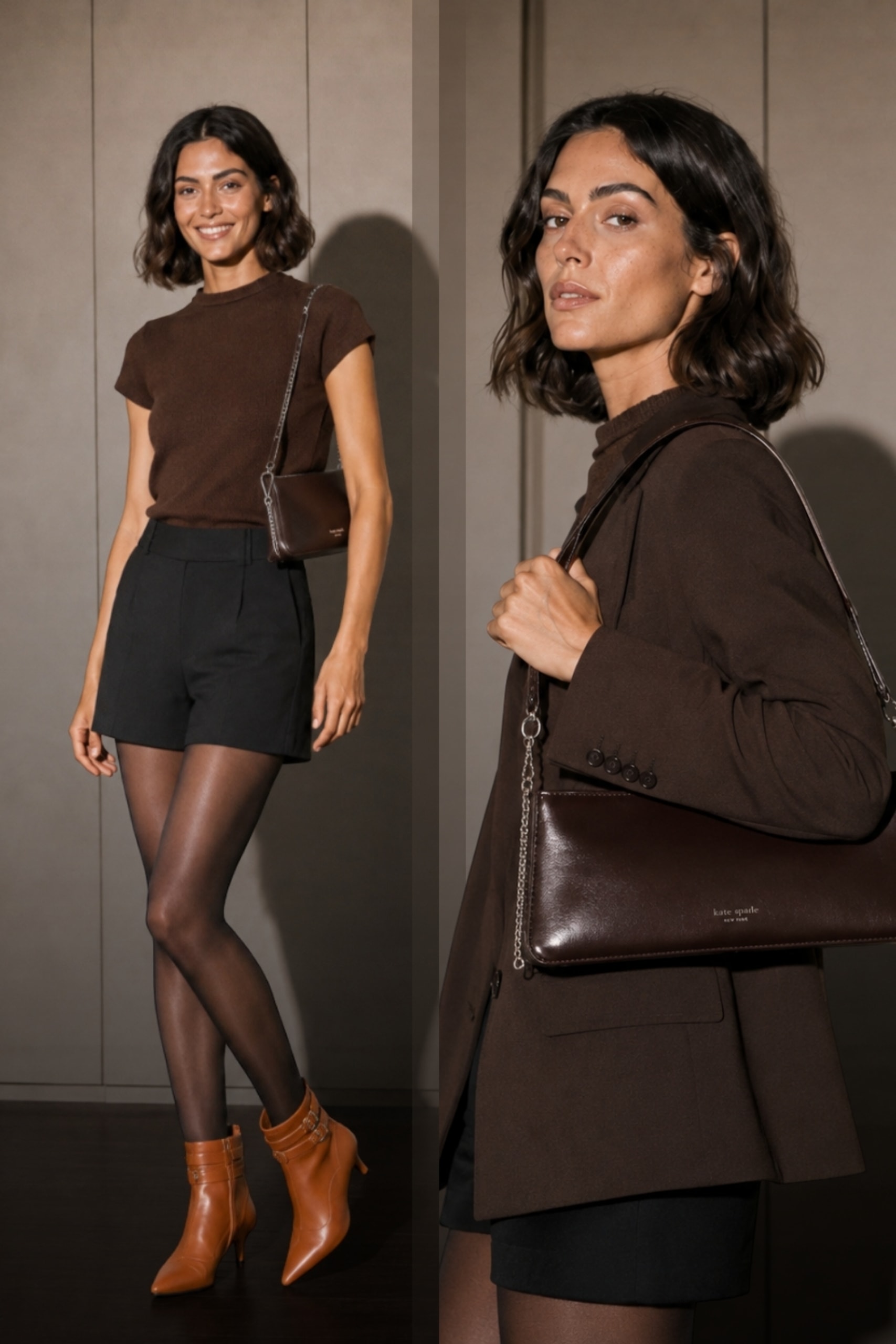 Two early fall brown boots outfits built from a chocolate mock-neck knit top, tailored black shorts, sheer black tights, cognac pointed ankle boots, and a dark brown leather bag, with an oversized chocolate blazer added in the second look.
