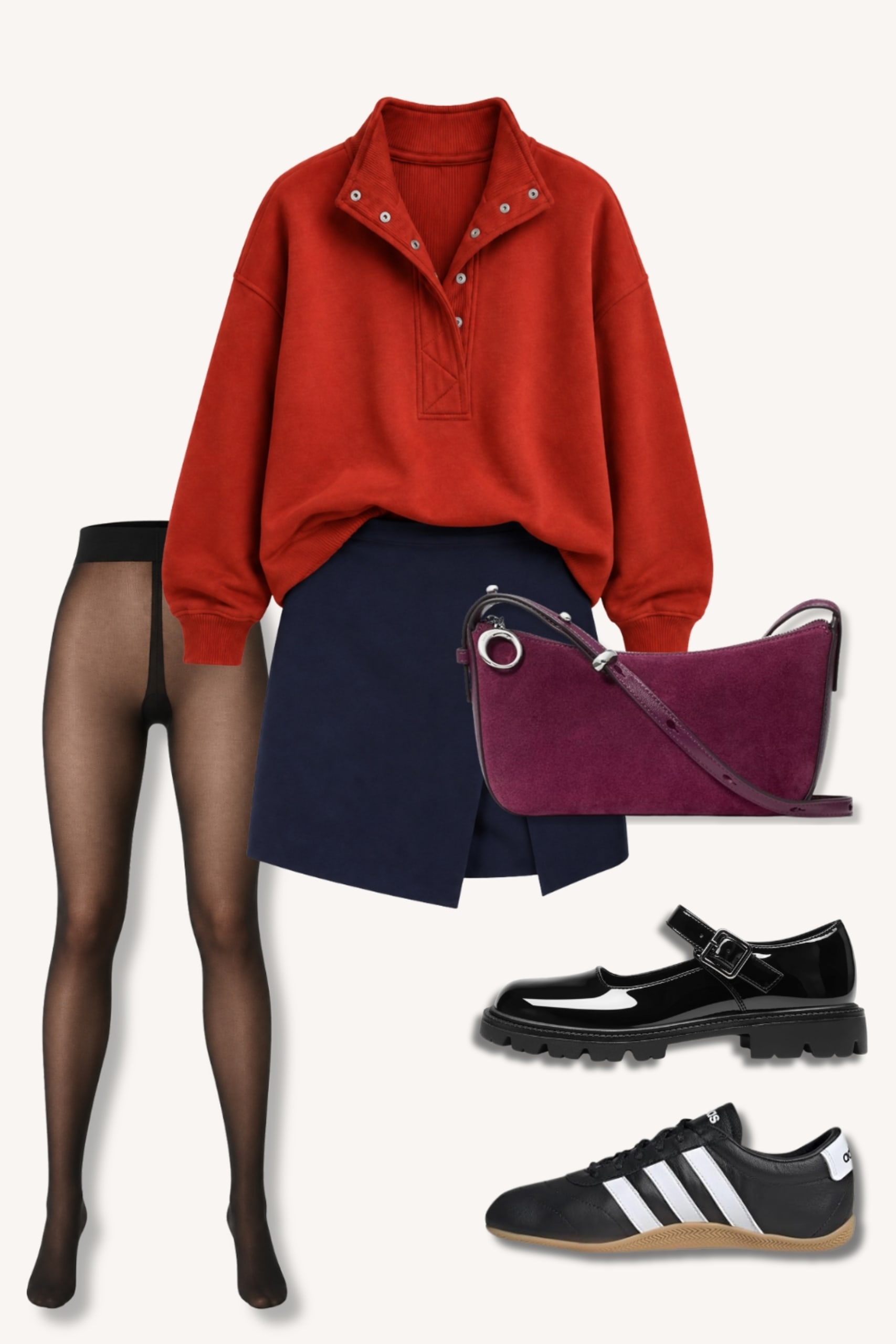 Two fall skirt outfit ideas with a red oversized Henley and navy mini skort: one styled with sheer black tights and chunky Mary Janes, the other with bare legs and black adidas sneakers.