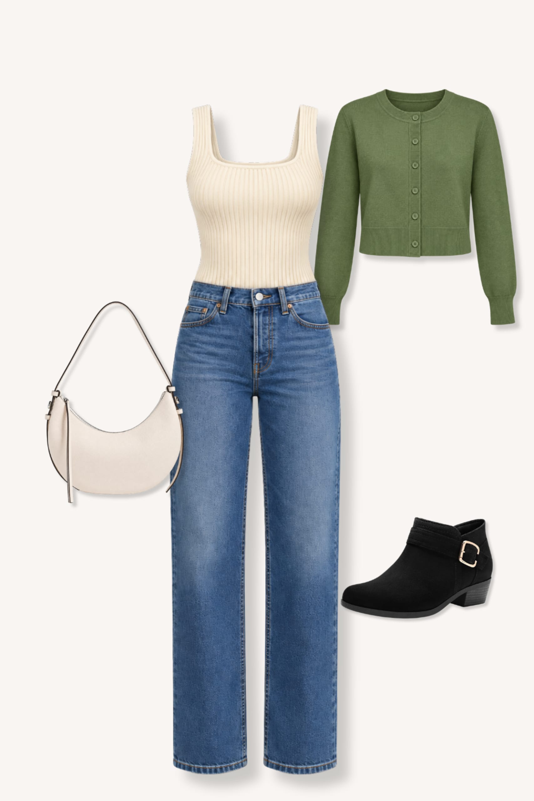 Early fall sweater and jeans outfit flat lay with an olive cropped cardigan, beige square-neck tank, blue straight-leg jeans, black suede ankle boots, and a cream shoulder bag.