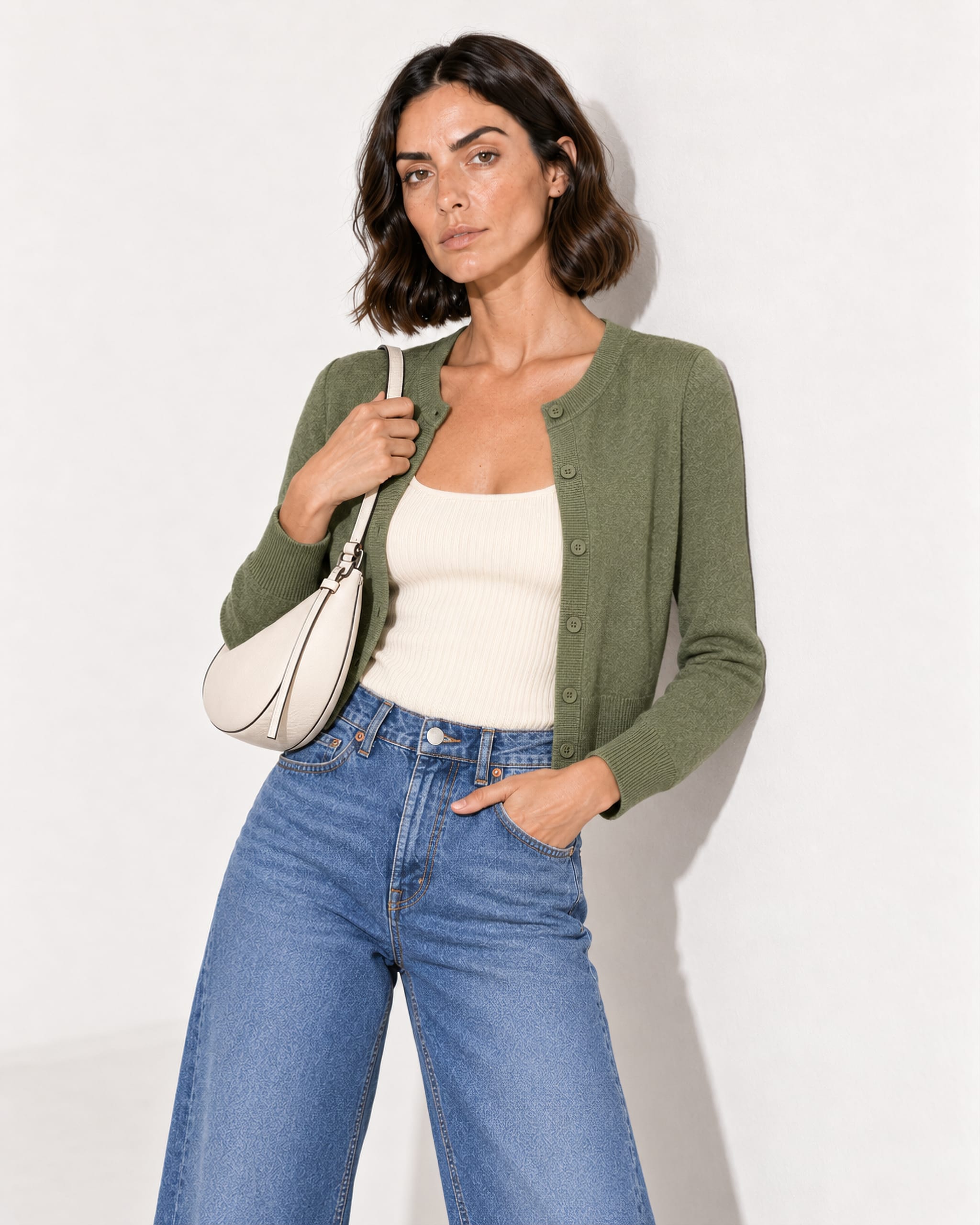 Close-up of an olive cropped cardigan layered over a beige square-neck tank with high-rise blue jeans and a light-cream shoulder bag.