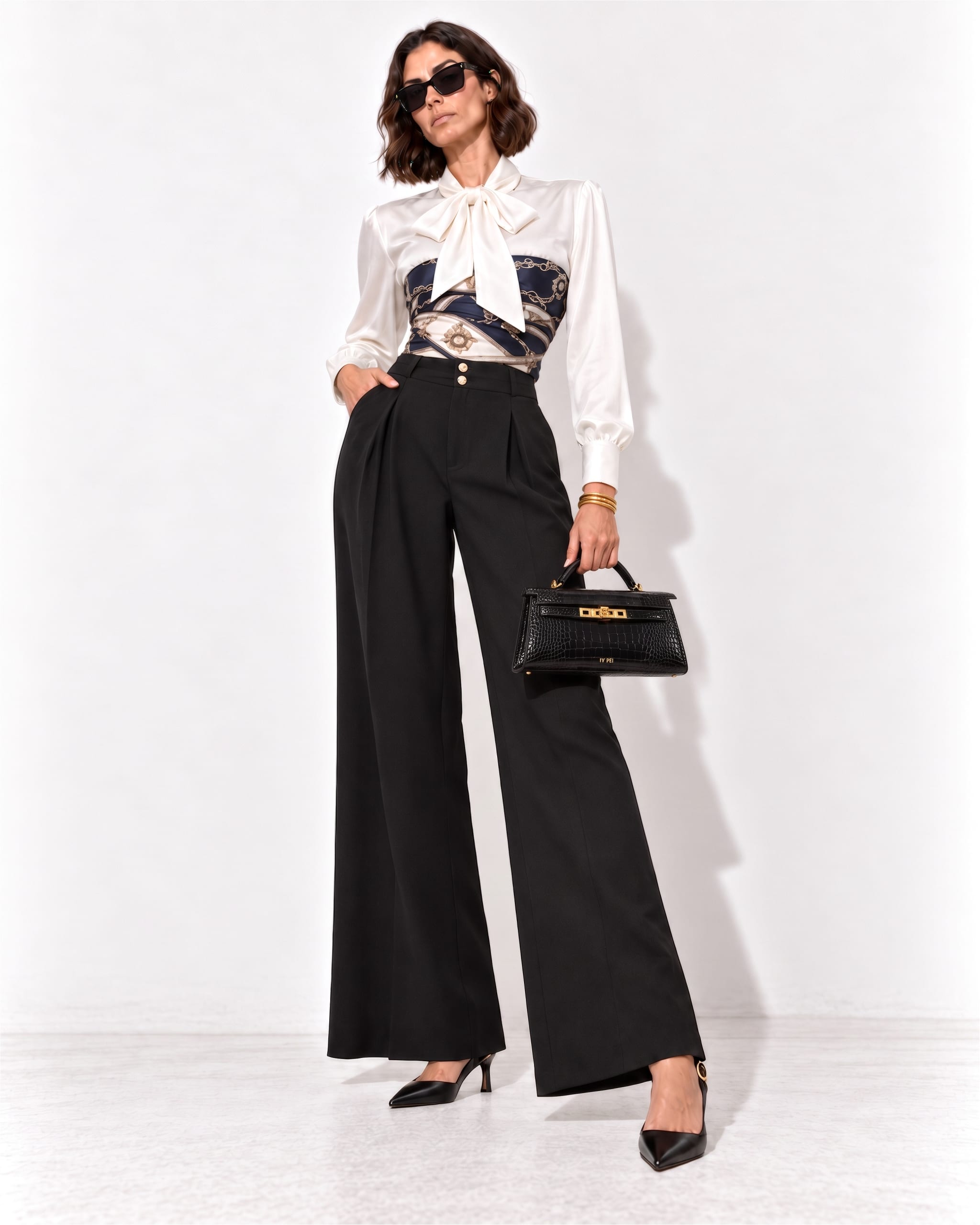 Woman wearing a navy silk scarf as a corset over a white bow blouse with black wide-leg trousers, pointed pumps, sunglasses, and a structured handbag.