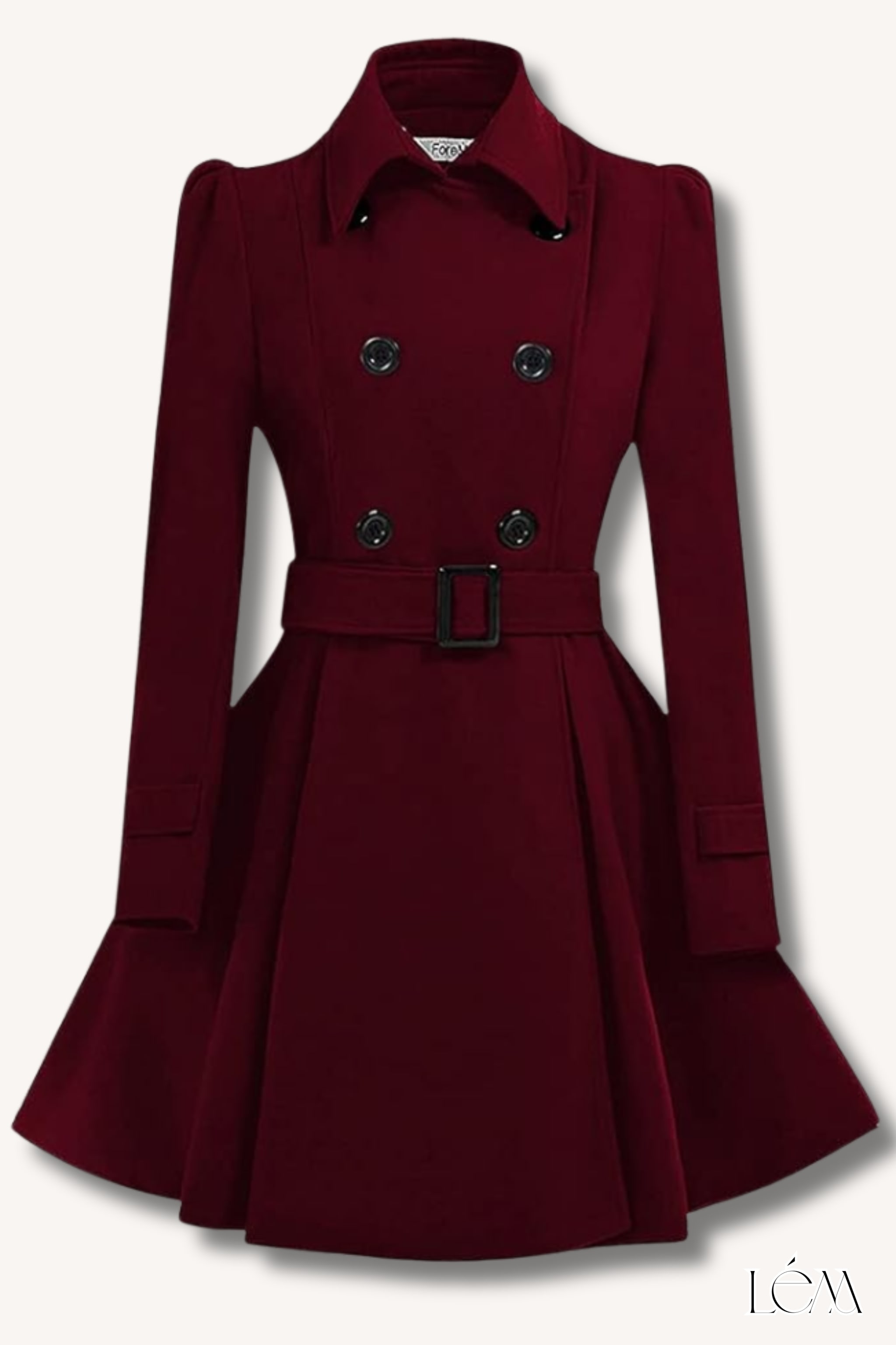 Close-up details of burgundy trench coat buttons and belt, and burgundy Chelsea boot texture Right