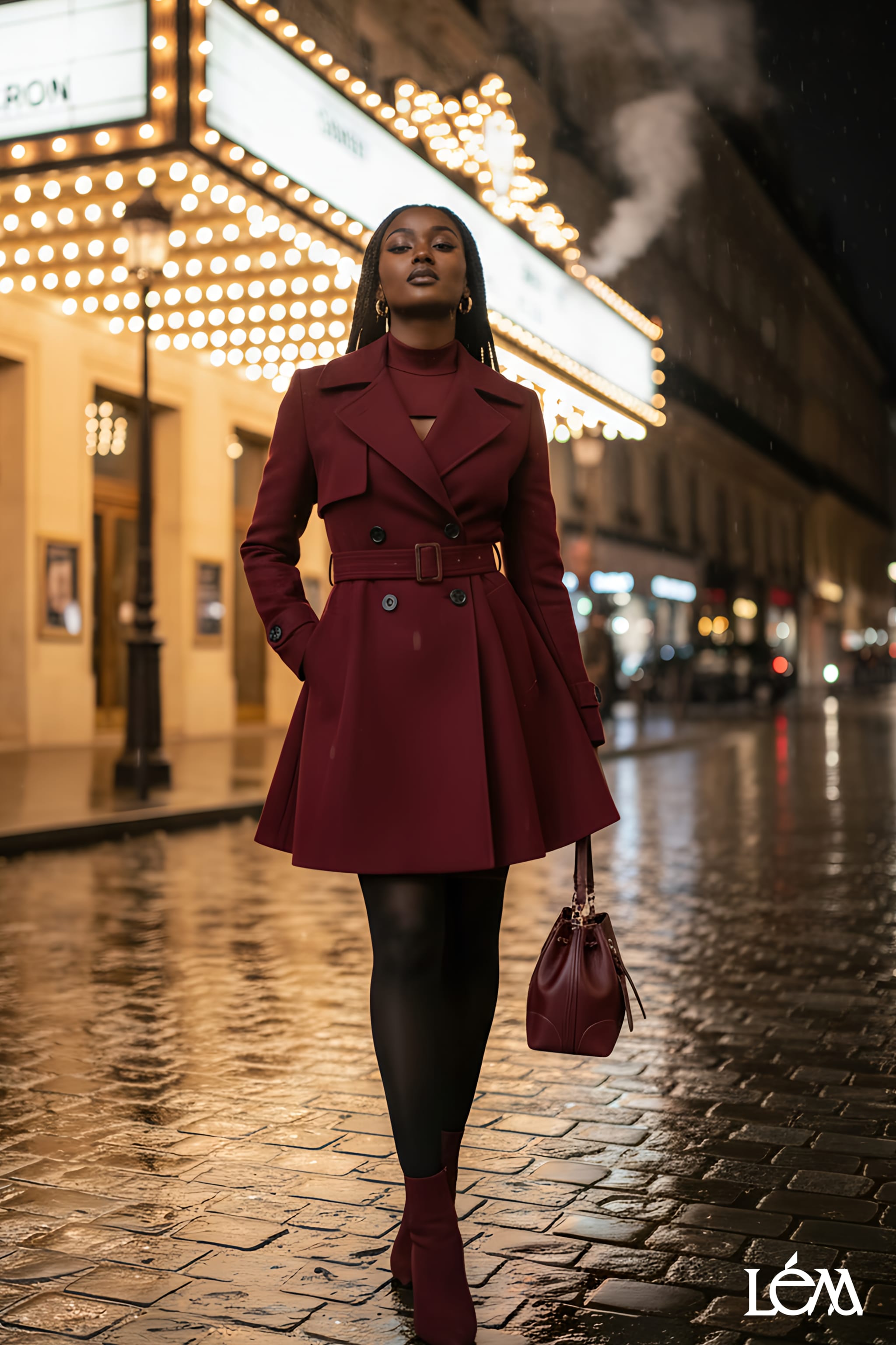 Close-up details of burgundy trench coat buttons and belt, and burgundy Chelsea boot texture Left