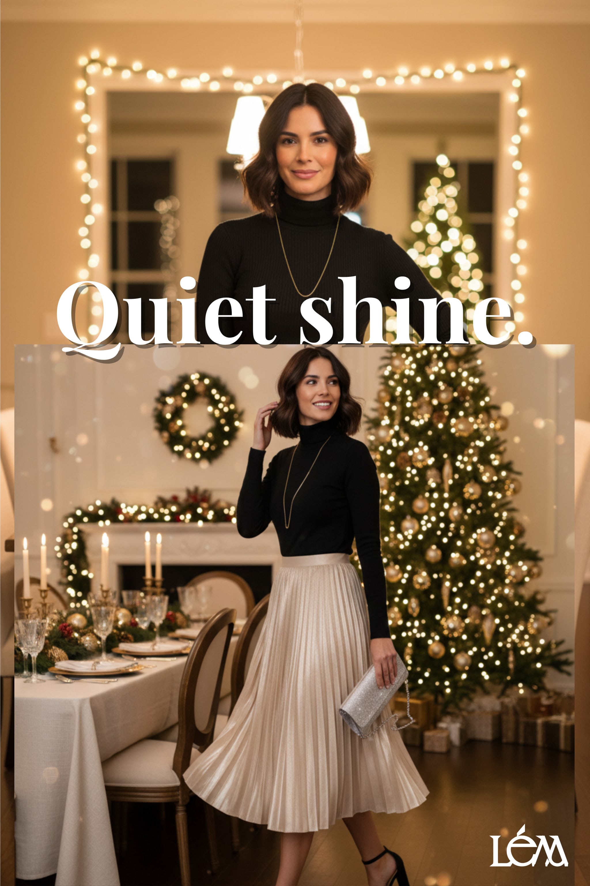 Pleated skirt showing movement and texture, and black turtleneck with simple gold necklace Left