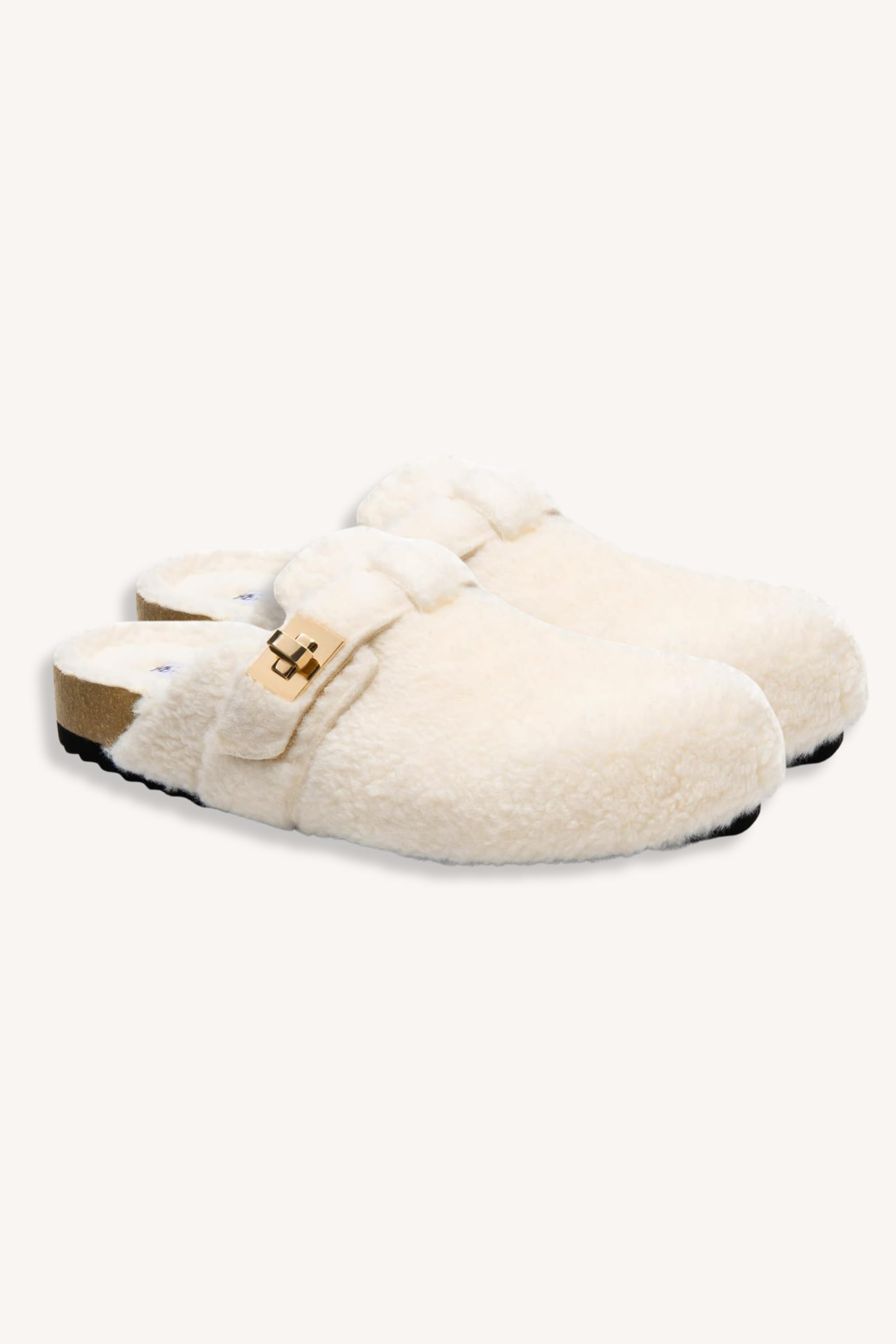 Close up of ribbed fabric texture next to detail of shearling clog and socks. Left