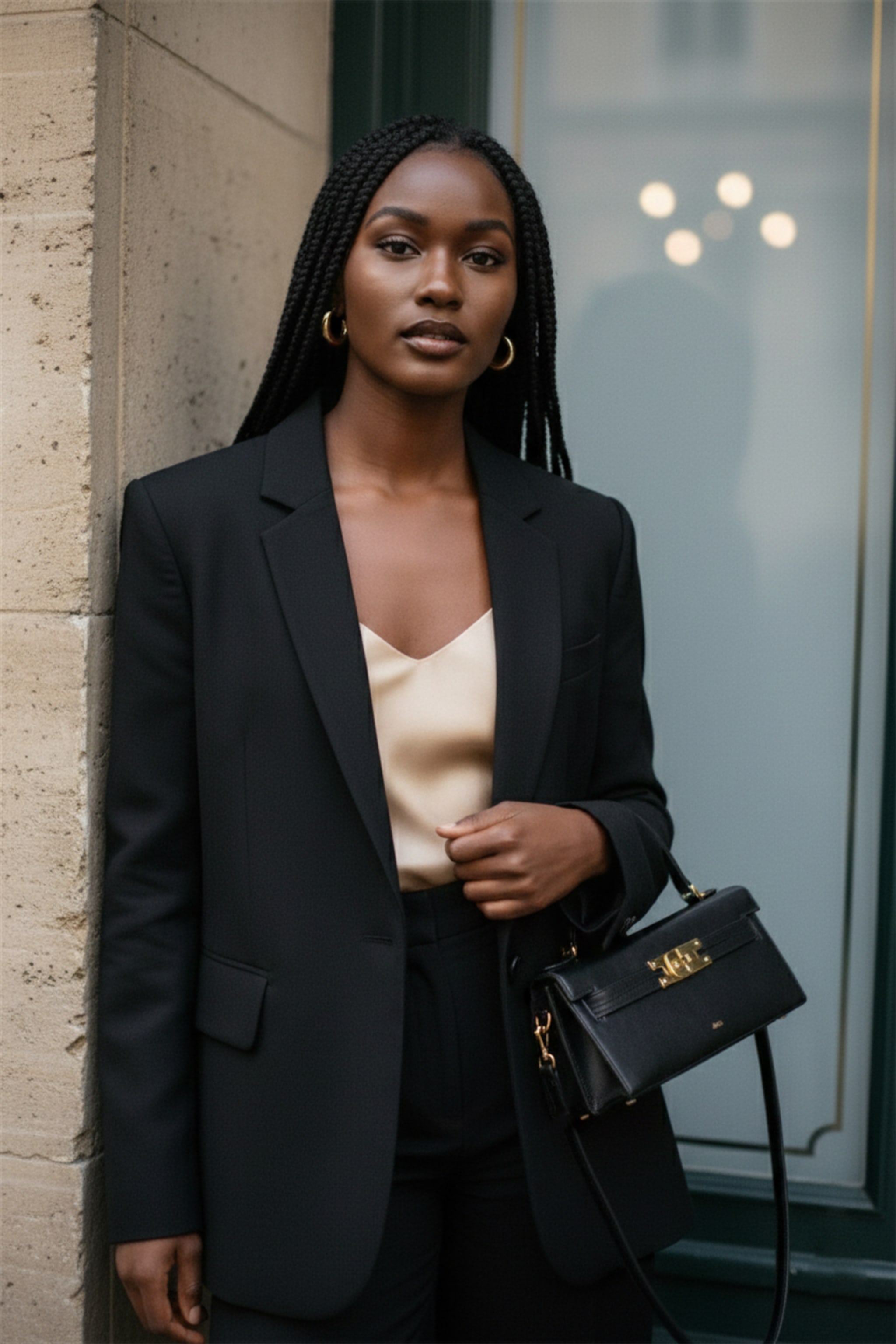 Close up of satin camisole texture and black blazer lapel. Right