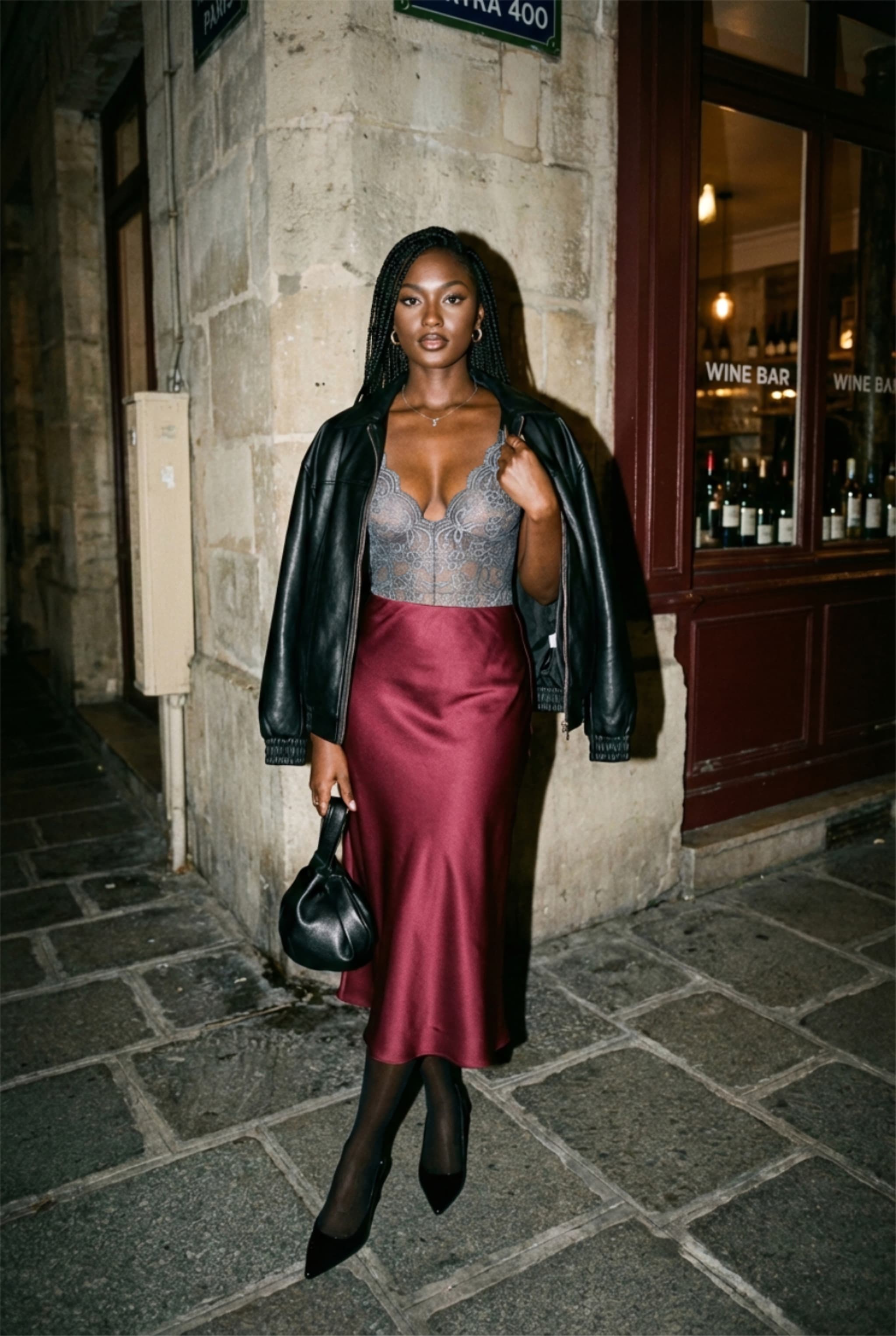 Close up of grey lace bodysuit texture vs full body street style shot Right