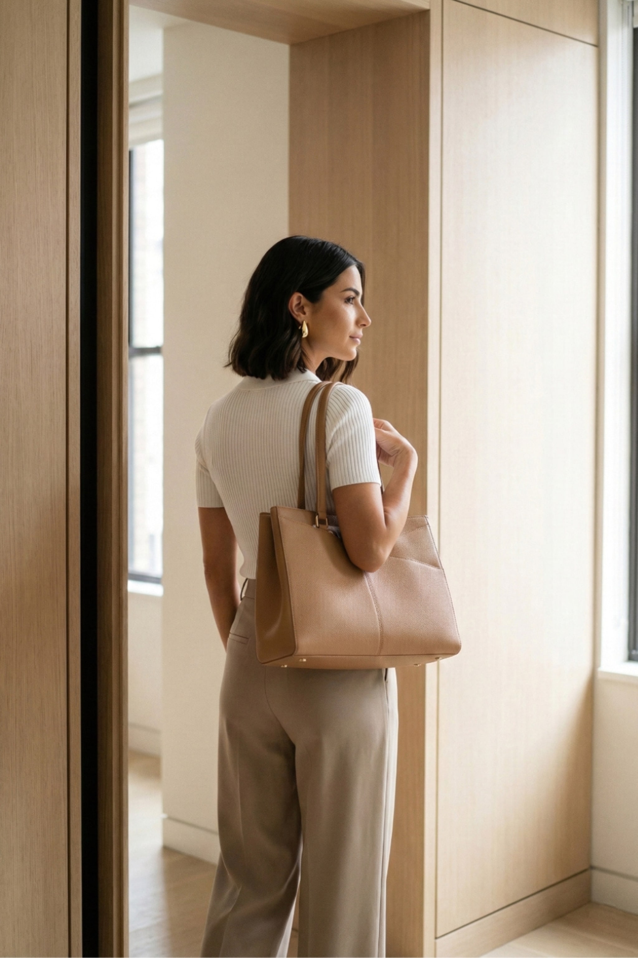 Close up of structured apricot bag texture vs slingback heel detail. Left