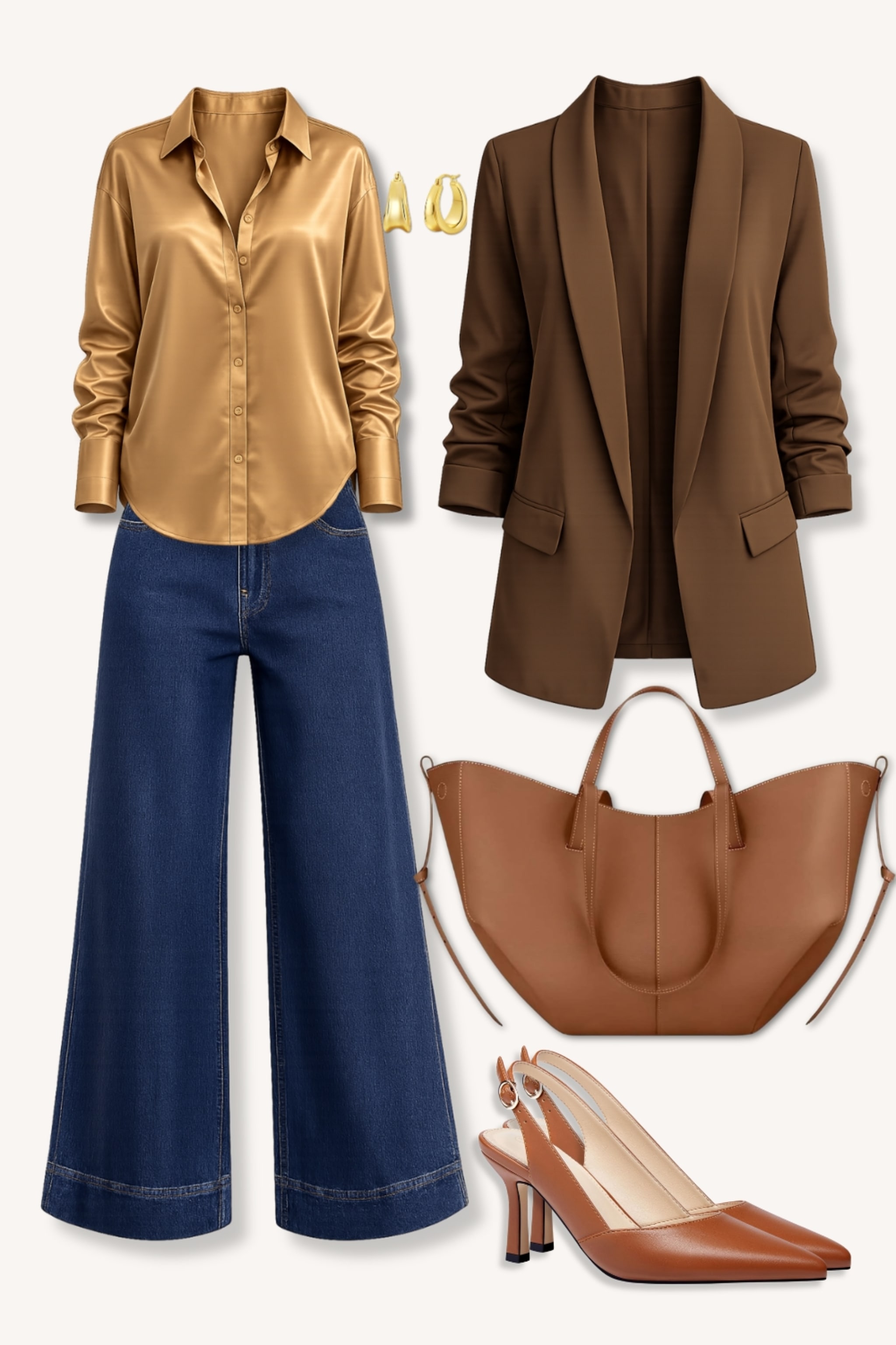 Close up of model wearing caramel satin blouse next to flatlay of tobacco ruched blazer. Right
