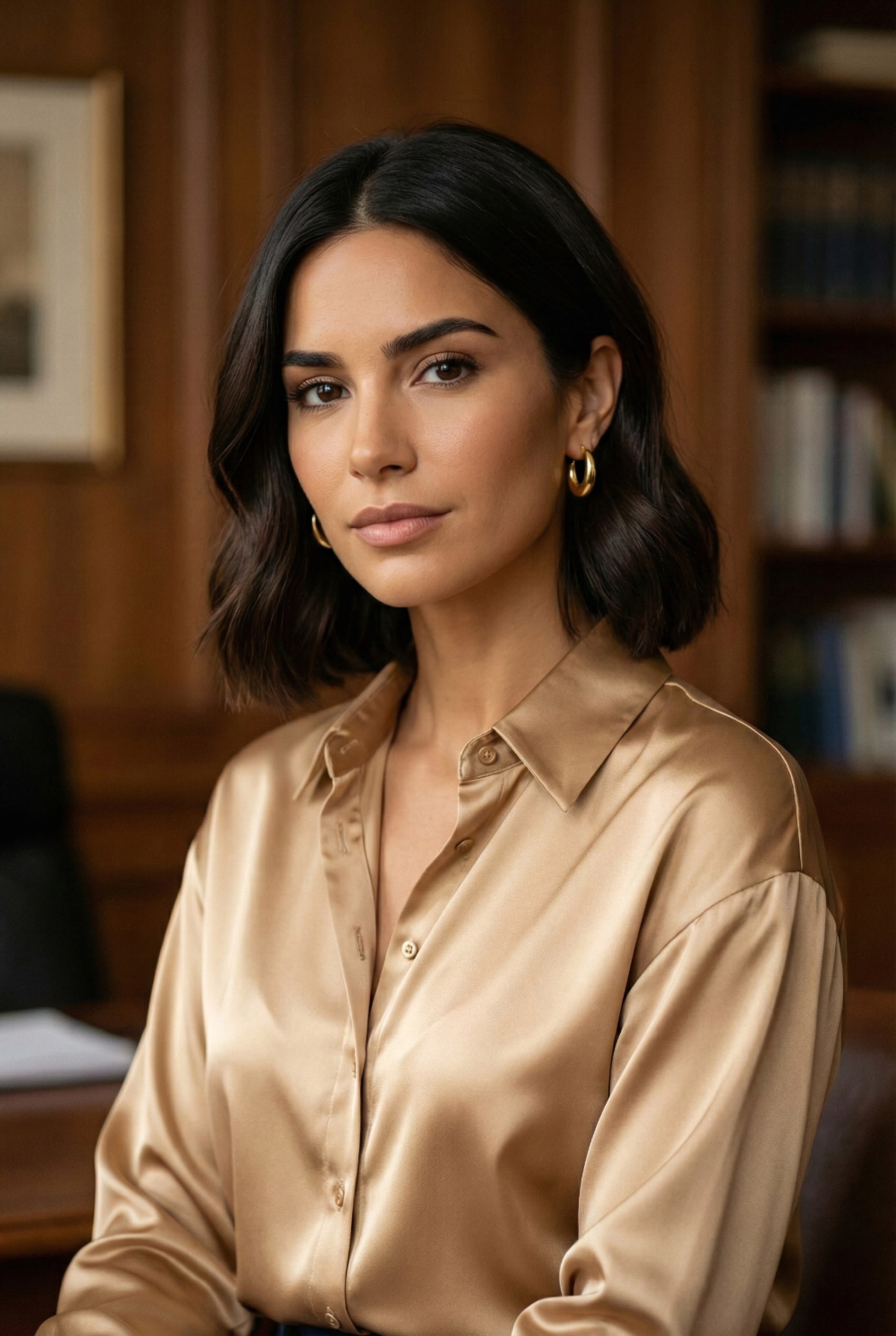 Close up of model wearing caramel satin blouse next to flatlay of tobacco ruched blazer. Left