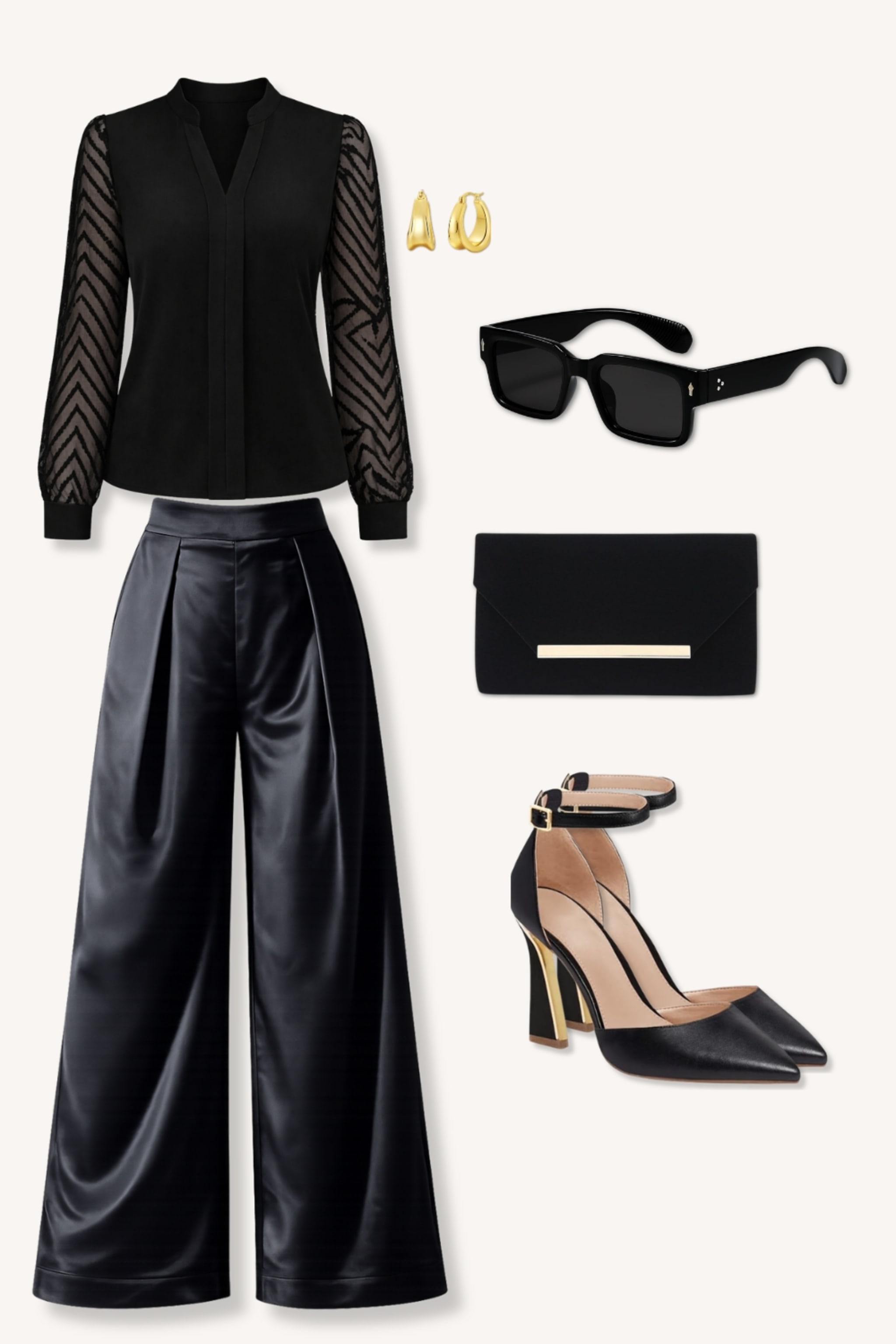 Close up of sheer paneled black blouse and gold hoop earrings next to an outfit flatlay. Right
