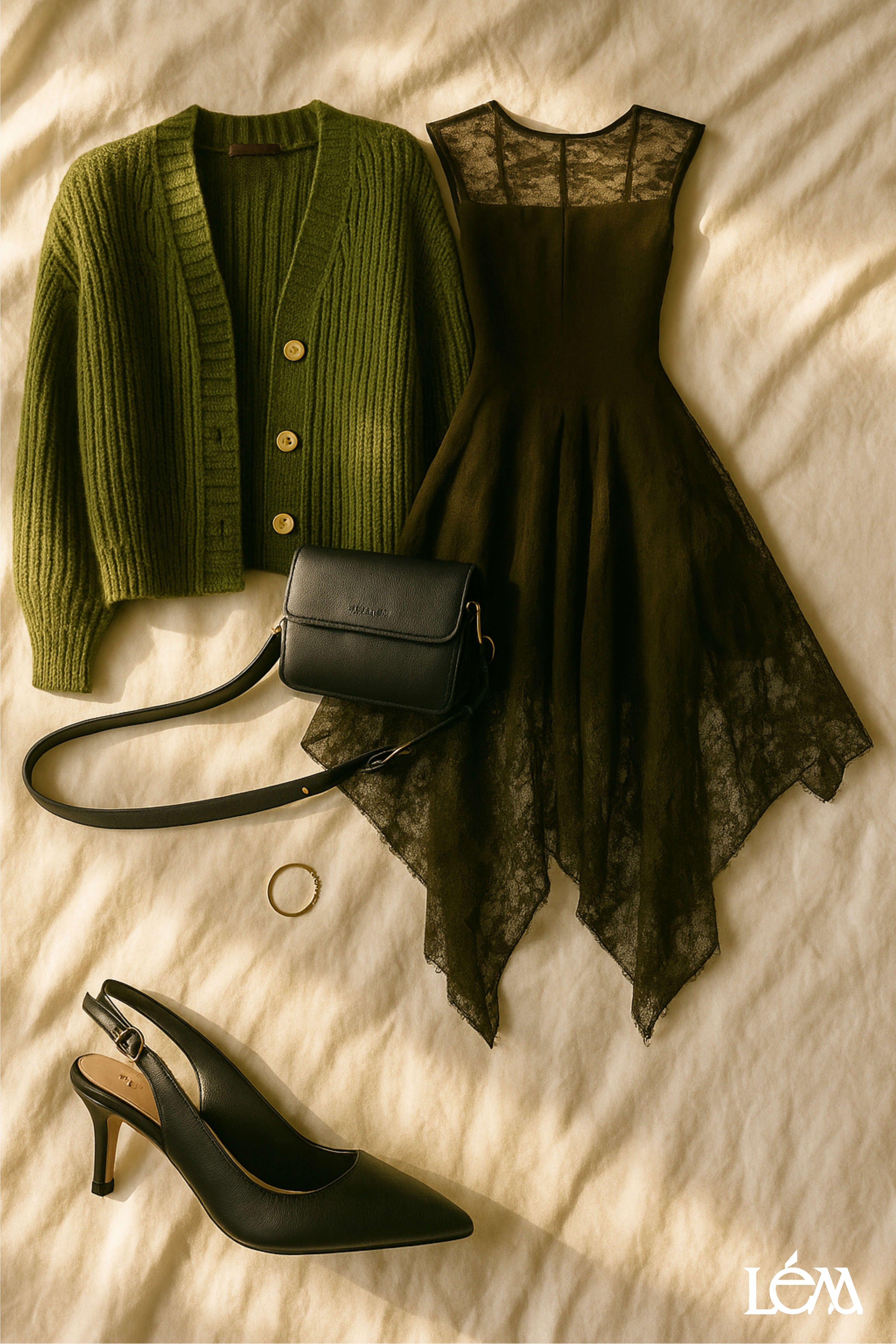 Woman in chunky green cardigan over lace dress with kitten heels