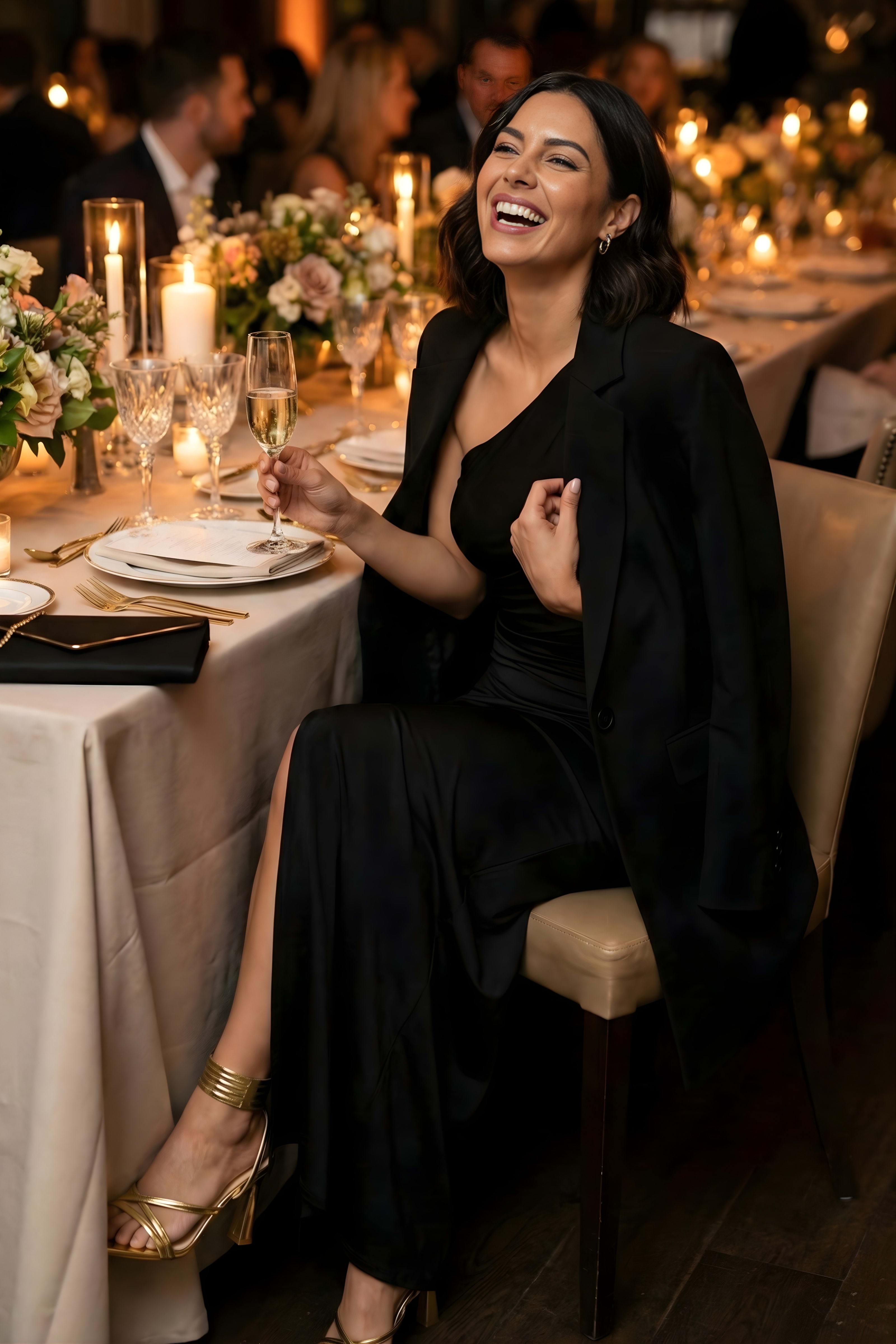 Woman in black one-shoulder maxi dress with long blazer and gold heels on table