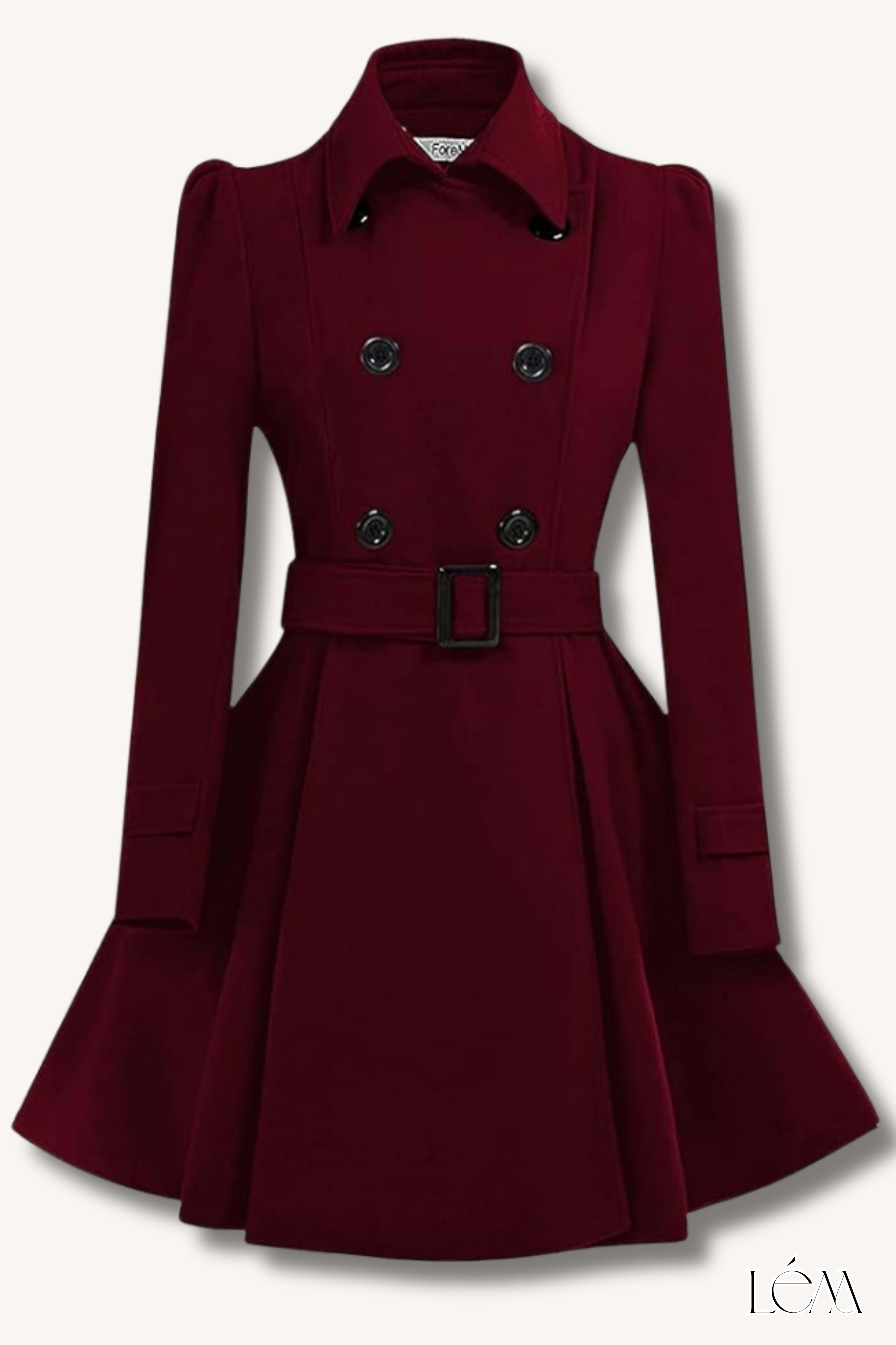 Close-up details of burgundy trench coat buttons and belt, and burgundy Chelsea boot texture Right