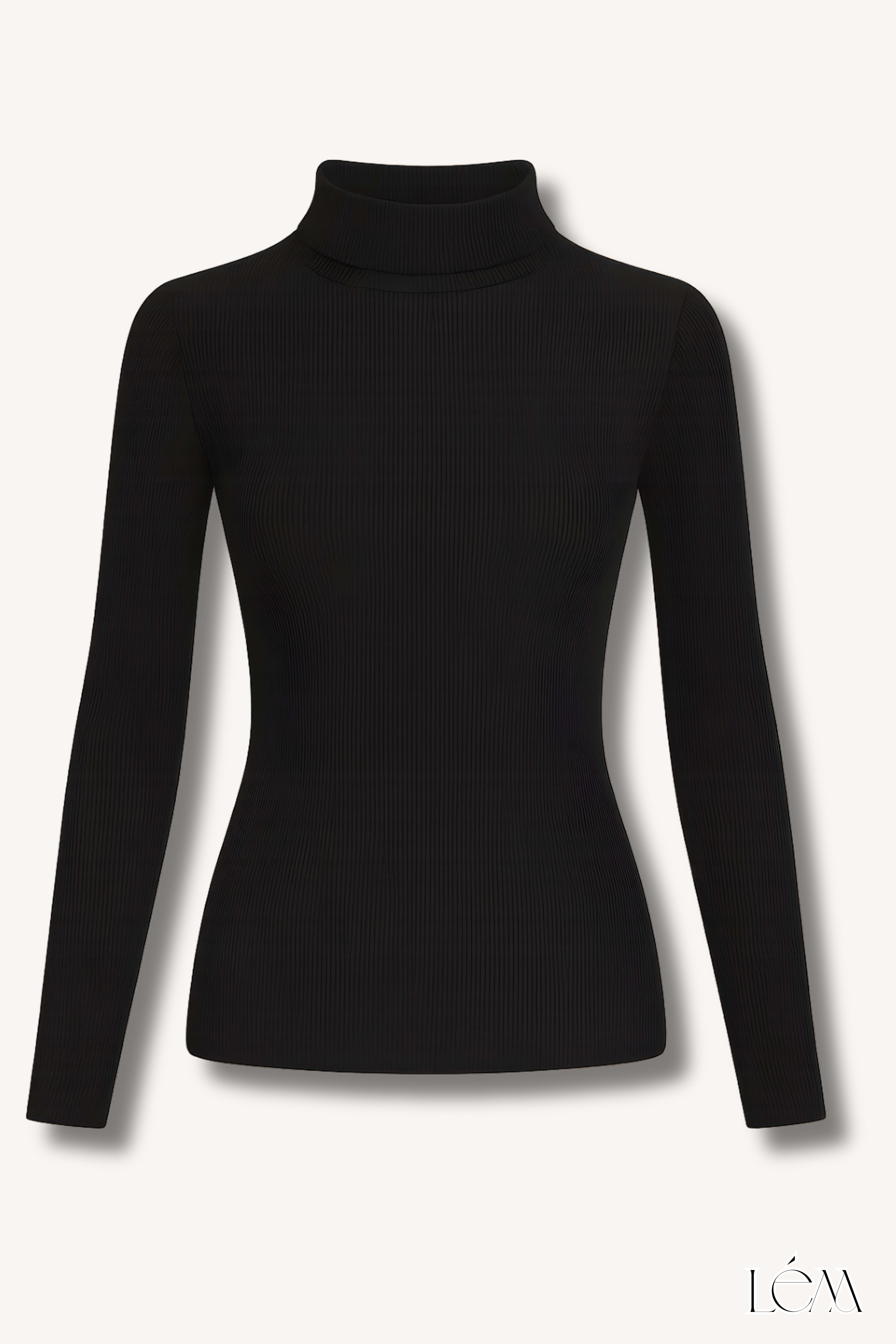 Pleated skirt showing movement and texture, and black turtleneck with simple gold necklace Right